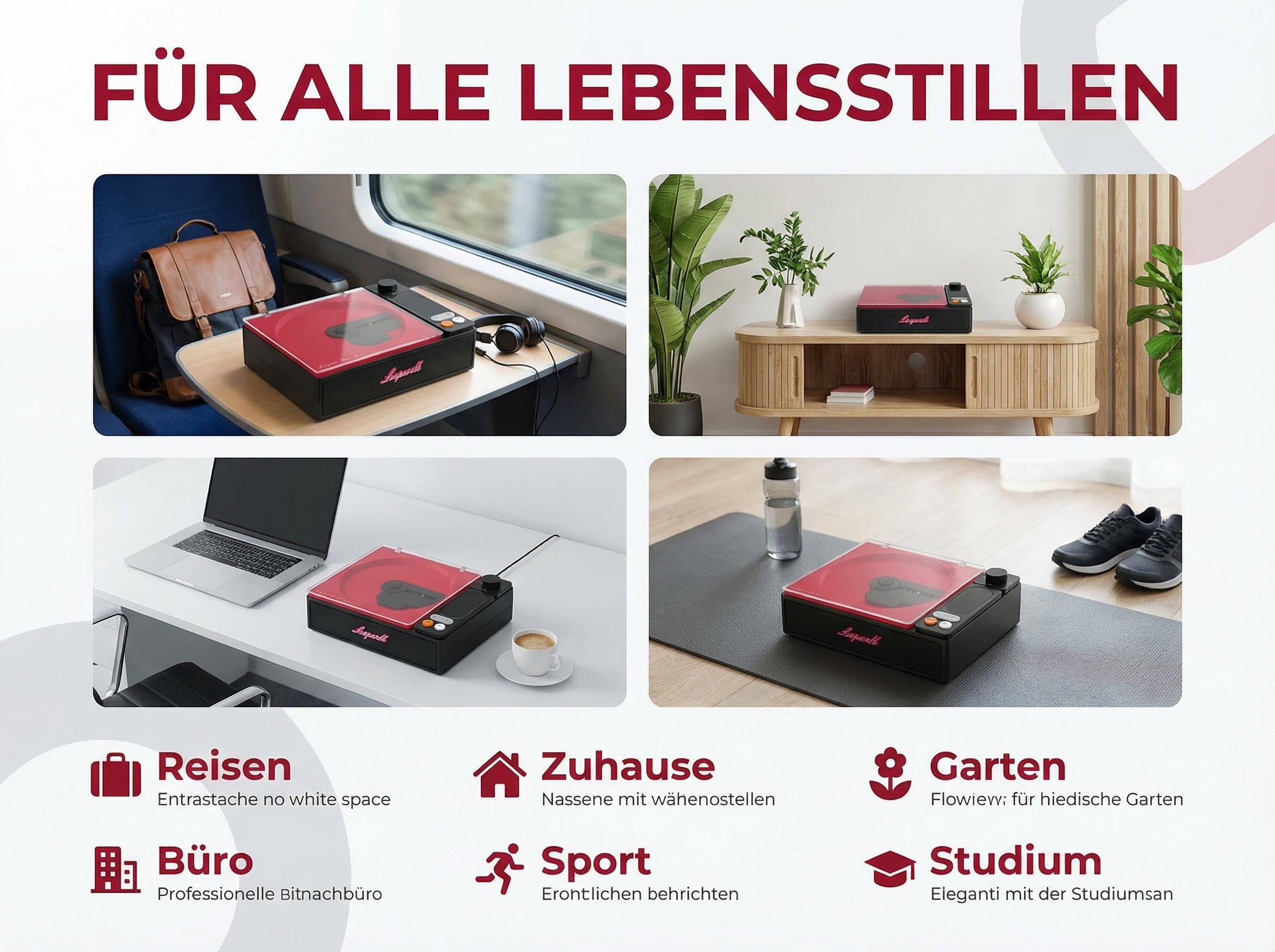 Vier Szenen zeigen einen roten Plattenspieler in verschiedenen Umgebungen.