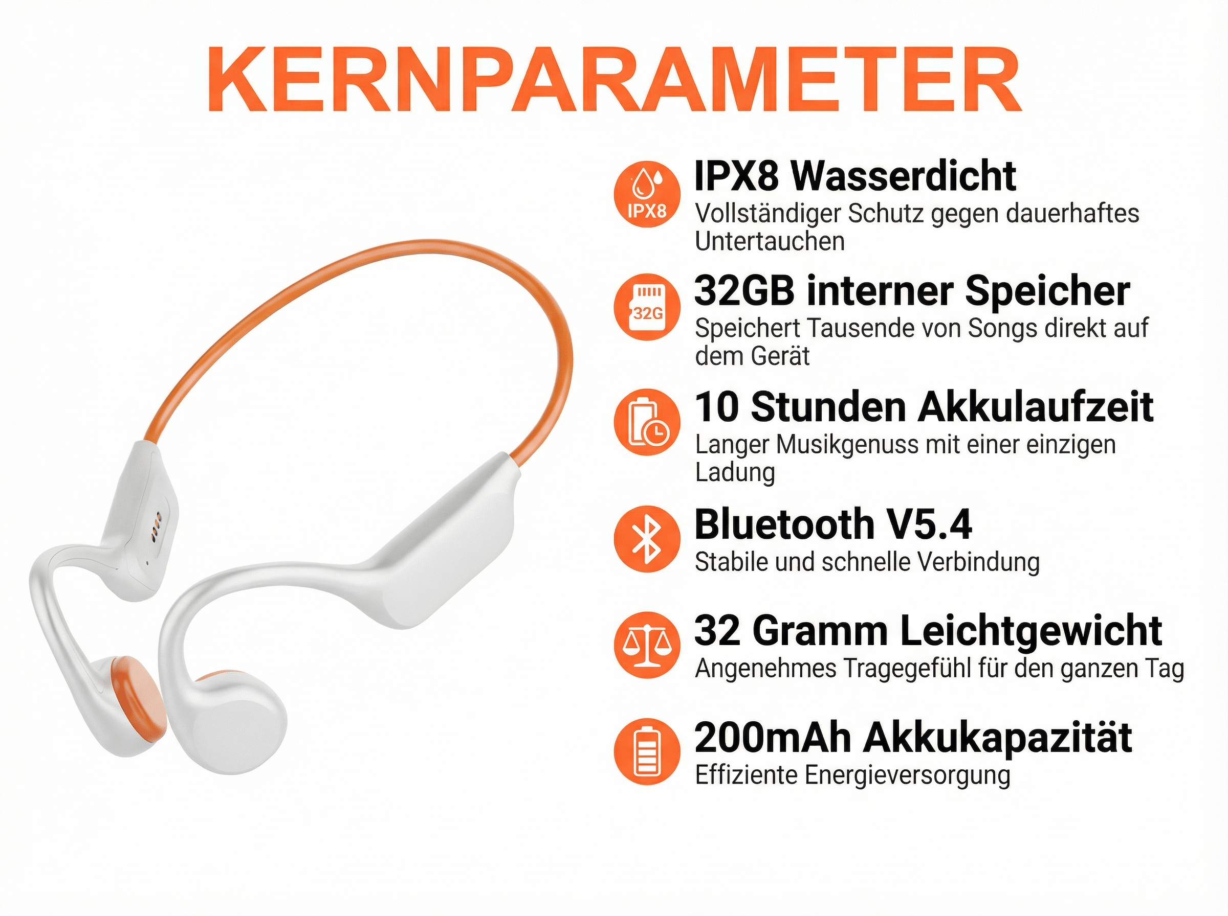 Weiße Kopfhörer mit orangenem Bügel, IPX8, 32GB, 10h Akku, BT 5.4, 32g.