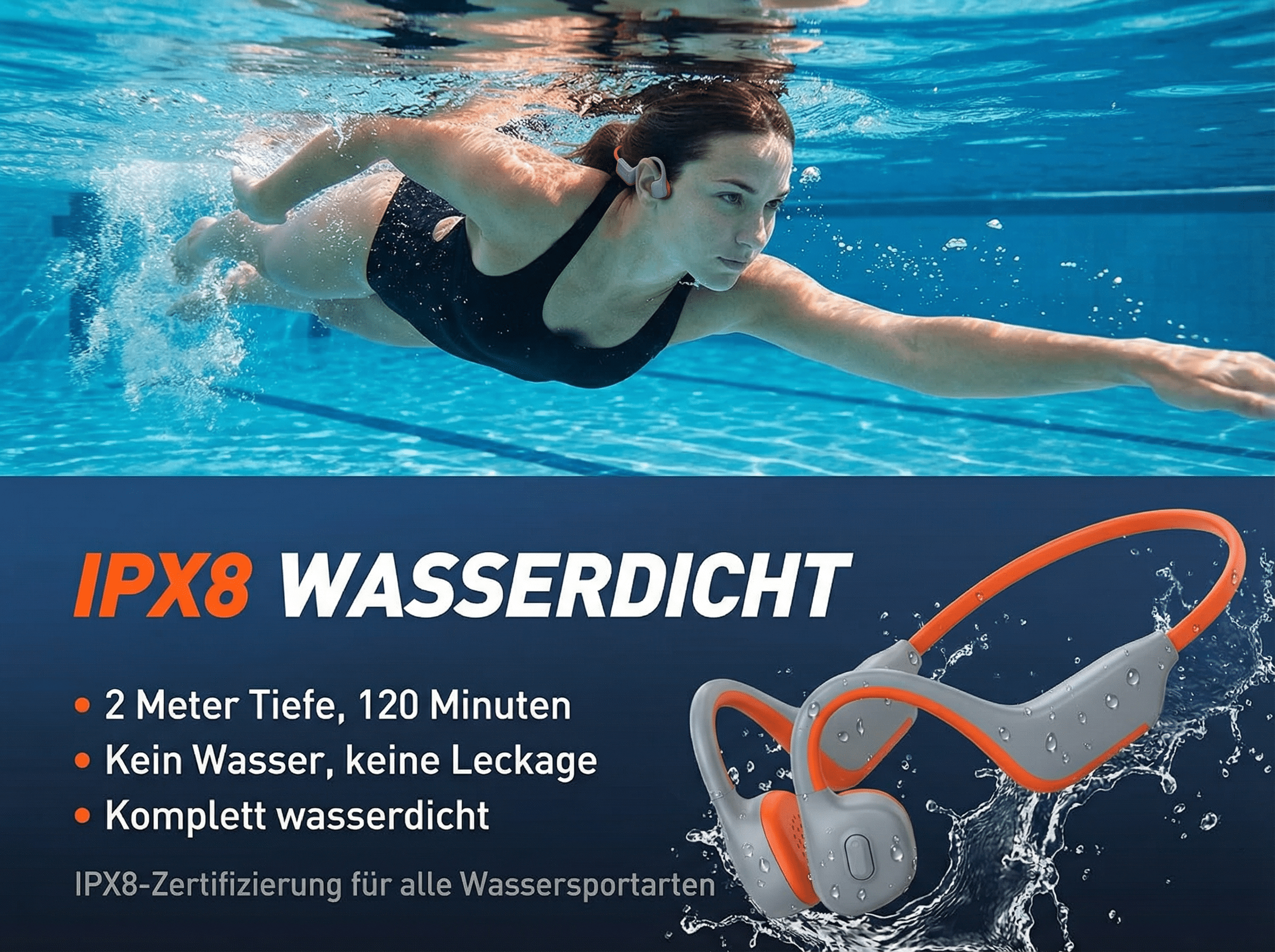 Eine Frau schwimmt unter Wasser, während wasserdichte Kopfhörer gezeigt werden.
