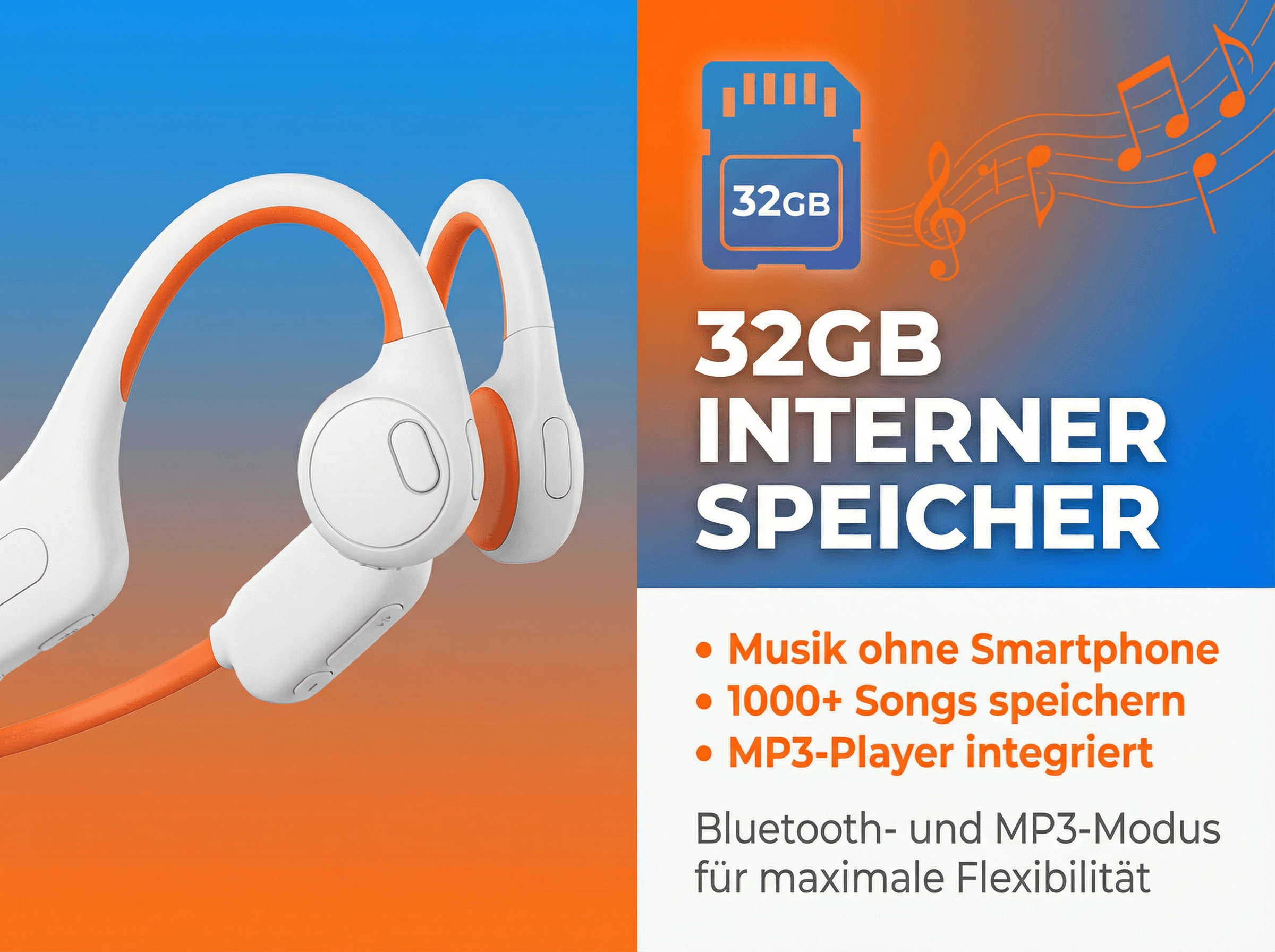 Weiße und orange Kopfhörer mit 32GB Speicher, Musiknoten und Text.