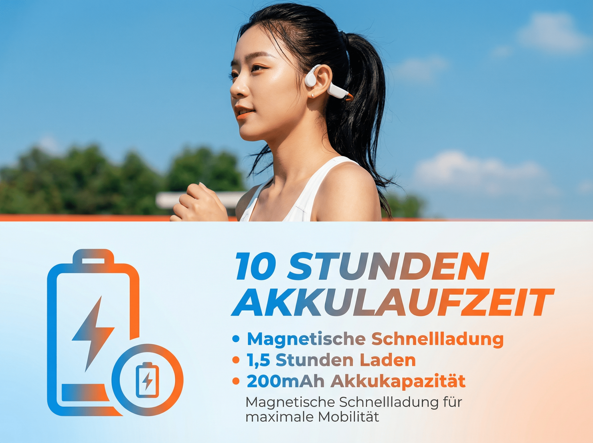 Frau mit Kopfhörern, Akkusymbol und Text '10 STUNDEN AKKULAUFZEIT'.