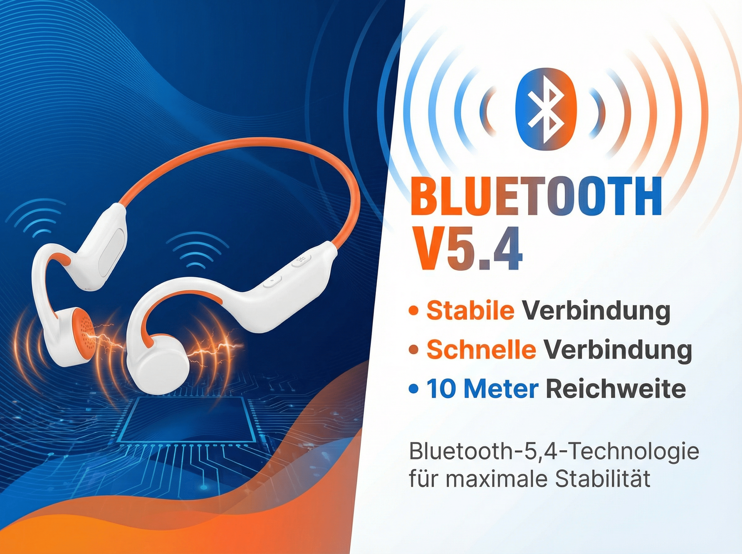 Weiße und orangefarbene Kopfhörer mit Bluetooth-Symbol und Text.