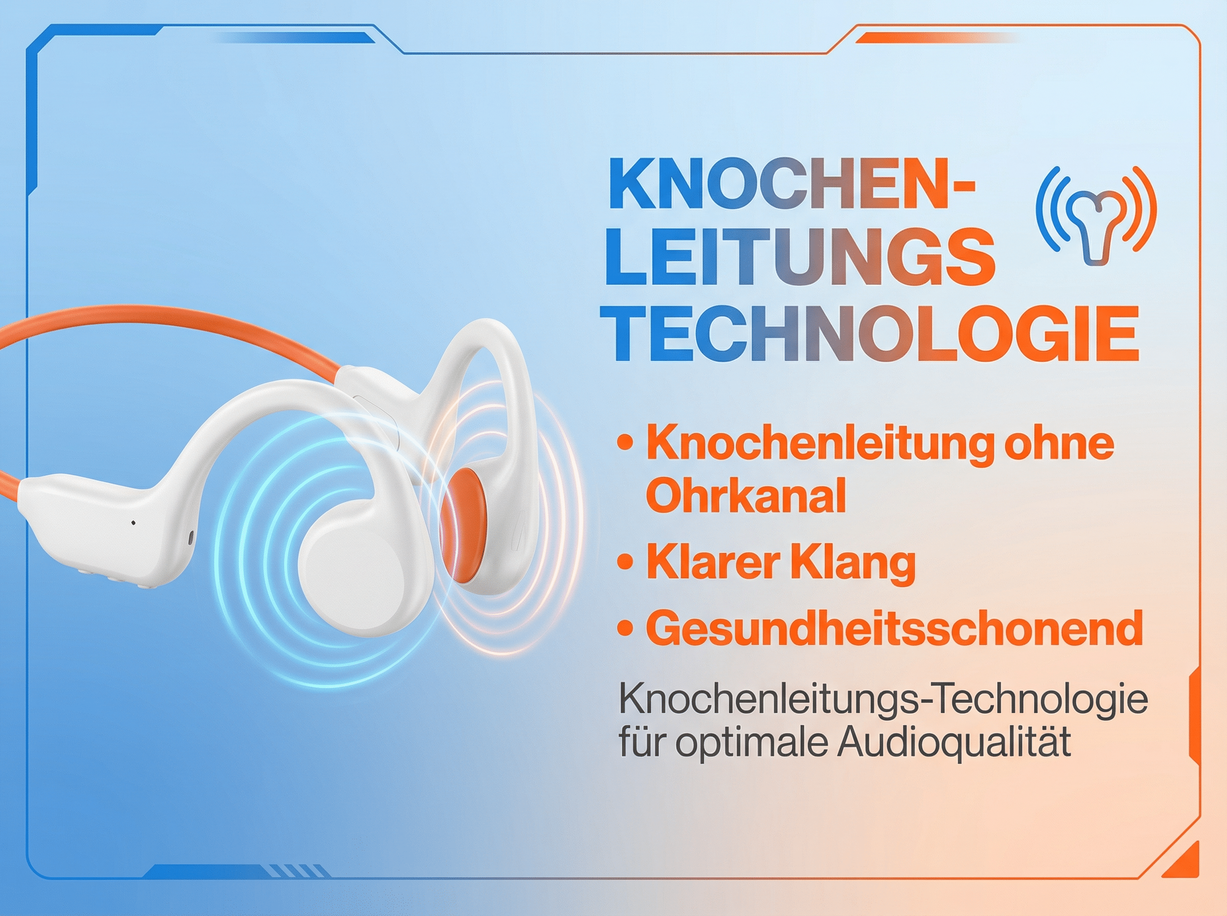 Weiße und orangefarbene Kopfhörer mit Knochenleitungstechnologie.