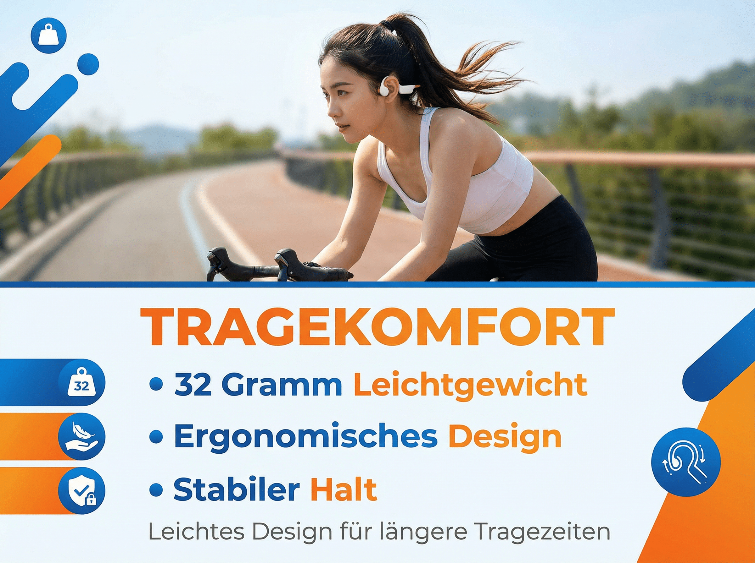 Sportlerin mit weißen Kopfhörern auf einer Straße, Text über Komfort.