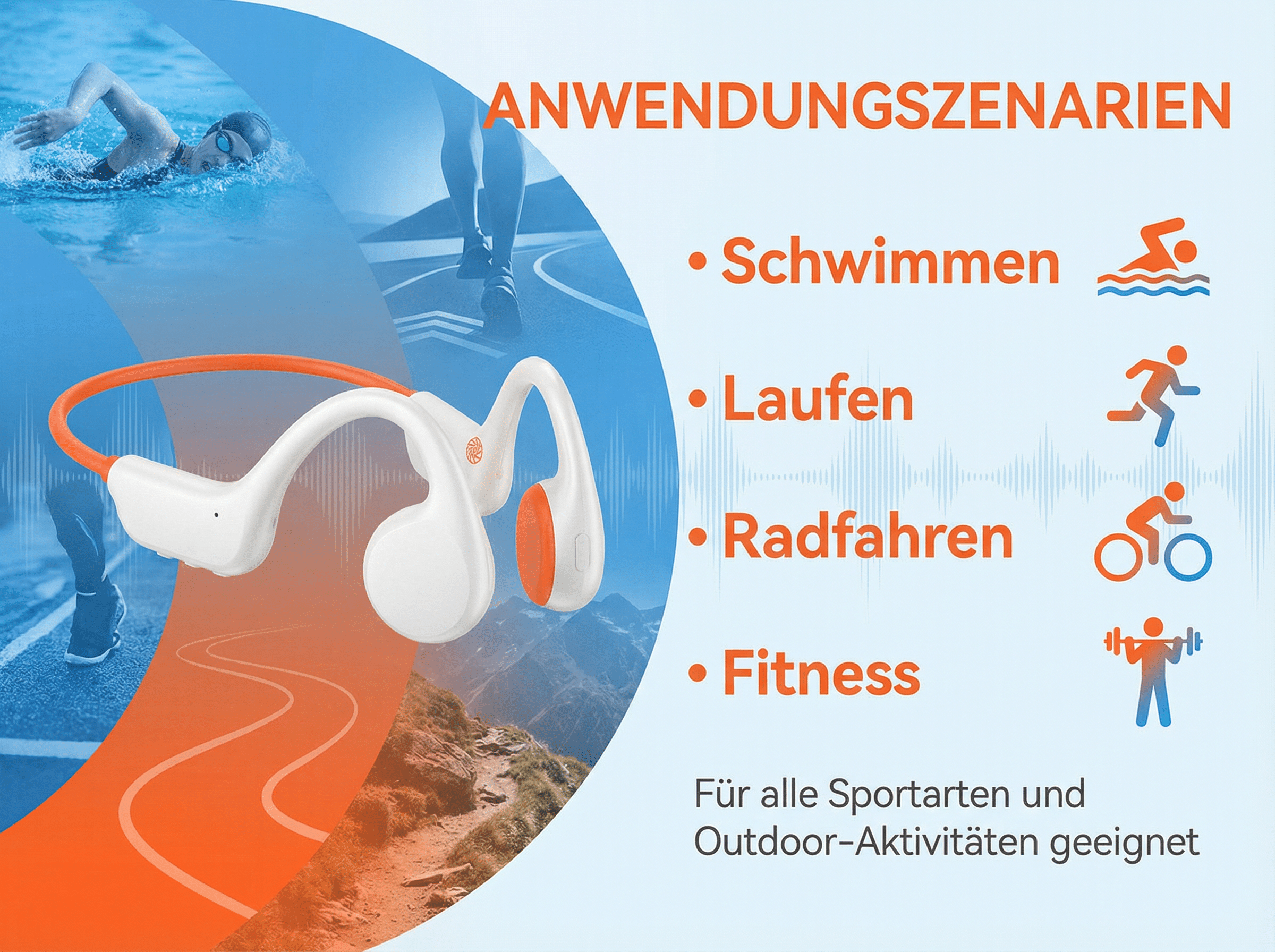 Kopfhörer für Sportarten wie Schwimmen, Laufen, Radfahren und Fitness.