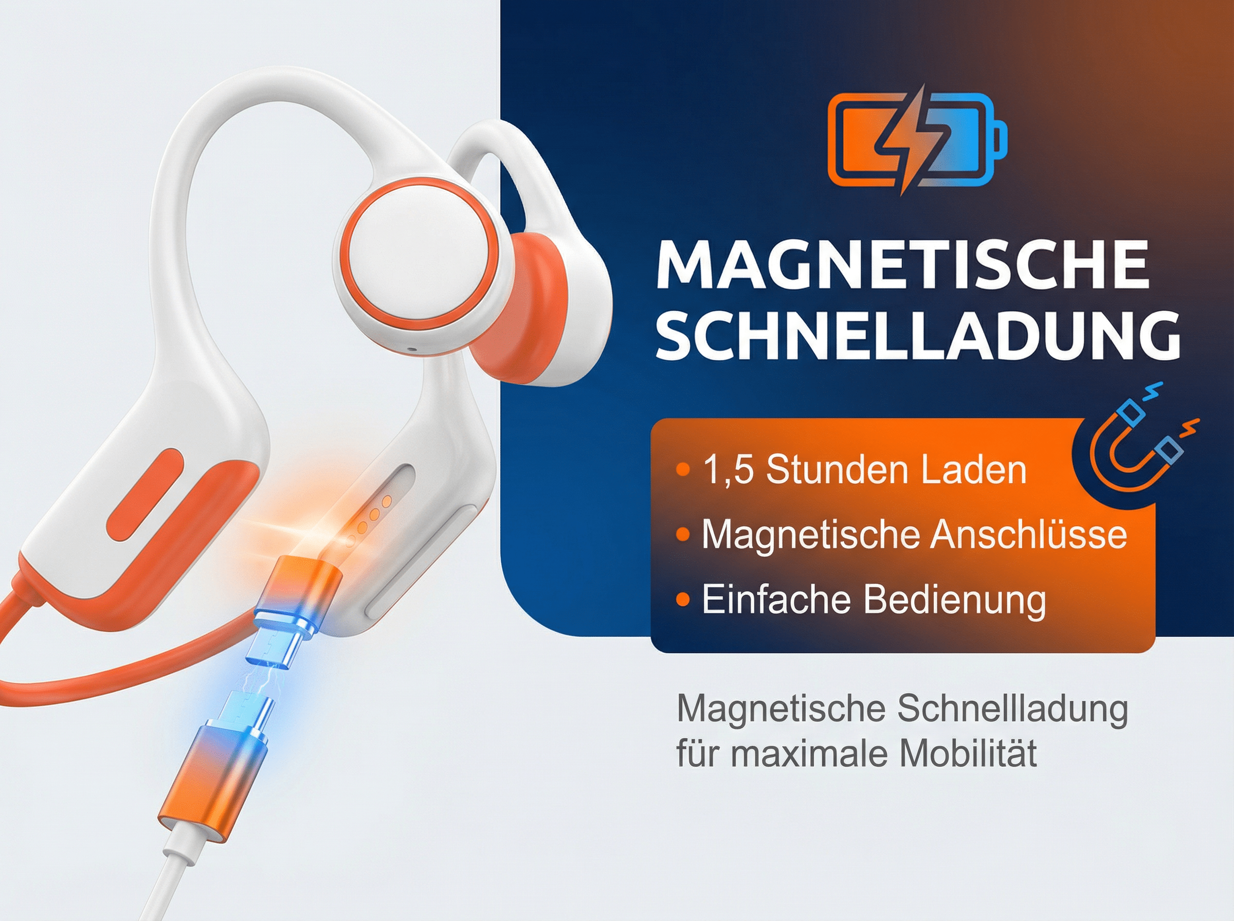 Weiße und orangefarbene Kopfhörer mit magnetischem Ladekabel werden angeschlossen.