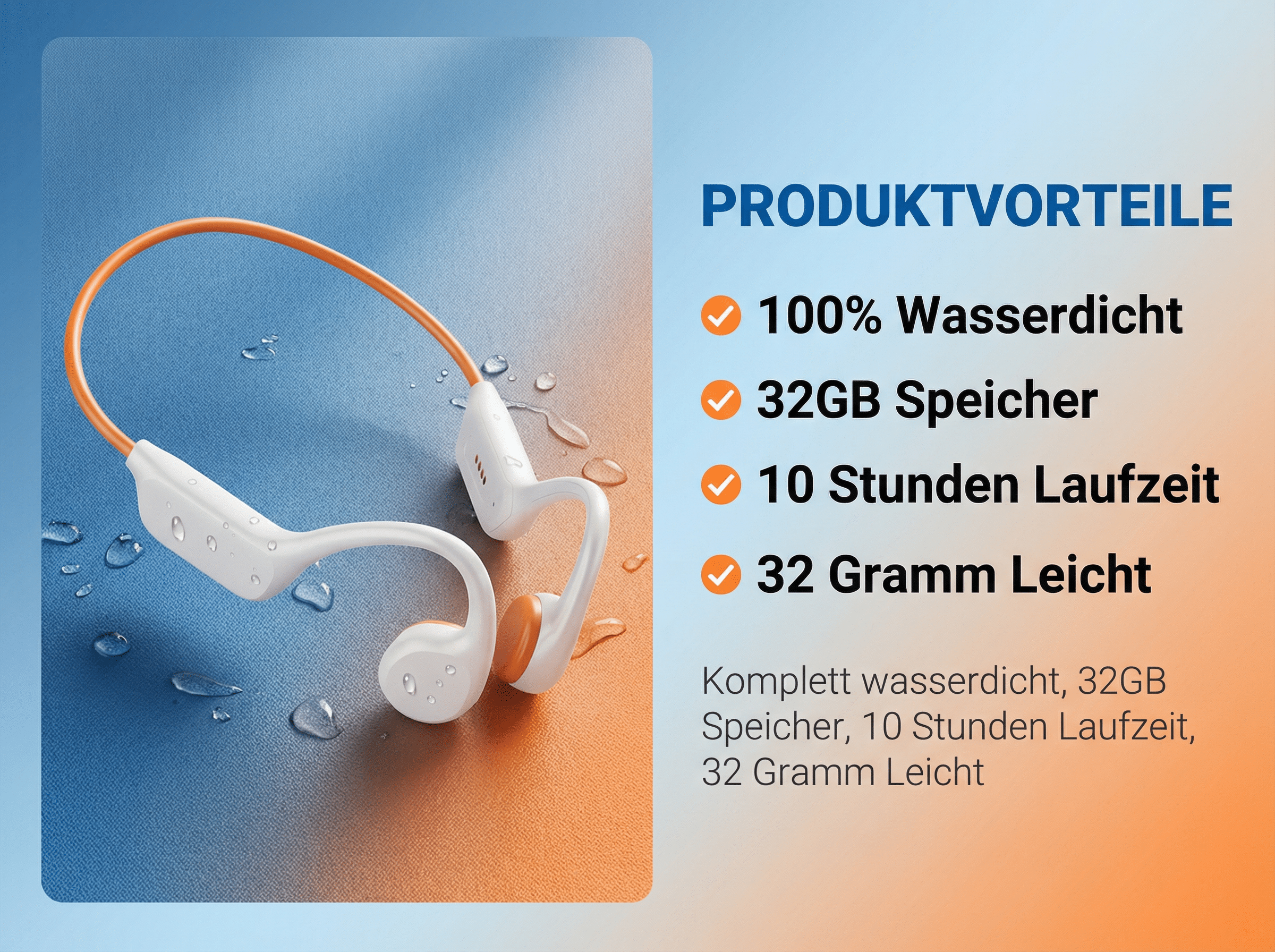 Weiße und orangefarbene Kopfhörer mit Wassertropfen auf blauem und orangem Hintergrund.