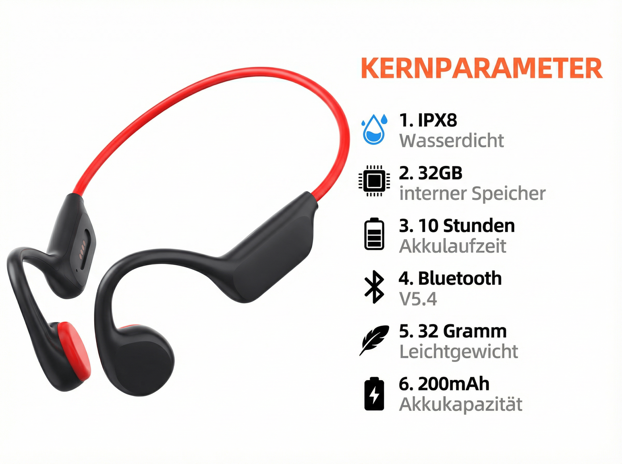 Schwarze und rote Kopfhörer mit technischen Daten wie IPX8, 32GB Speicher, 10h Akku.