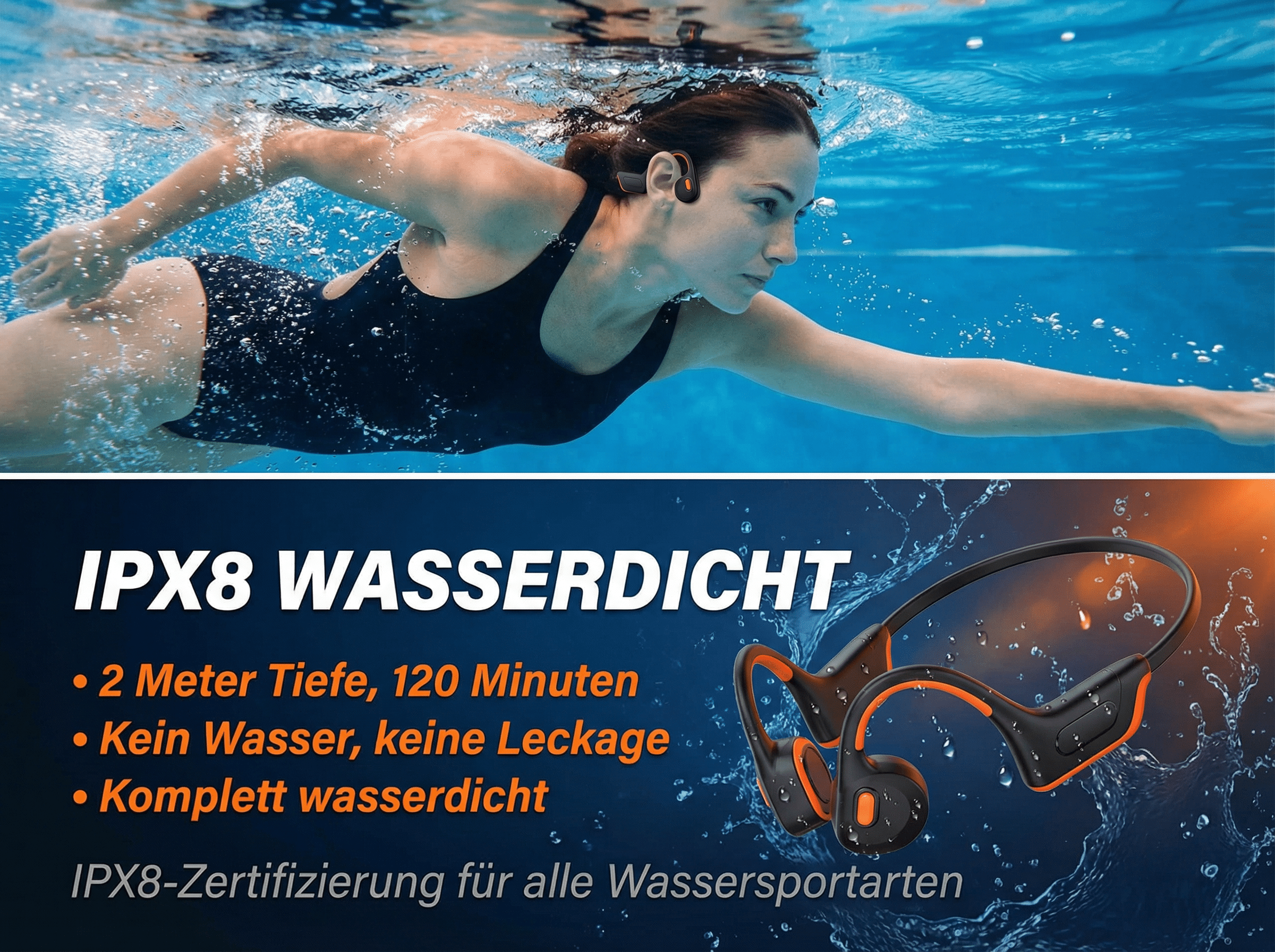 Eine Frau schwimmt unter Wasser, trägt wasserdichte Kopfhörer. Daneben sind die Kopfhörer abgebildet.