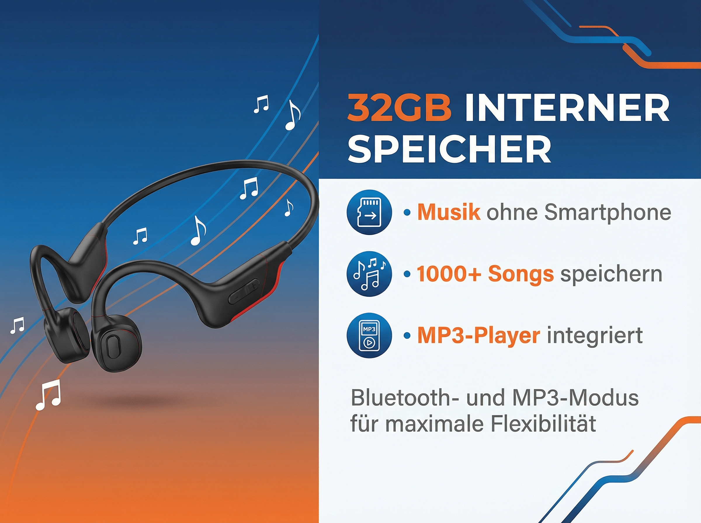 Schwarze Kopfhörer mit roter Akzentuierung, 32 GB Speicher, Musik ohne Smartphone.