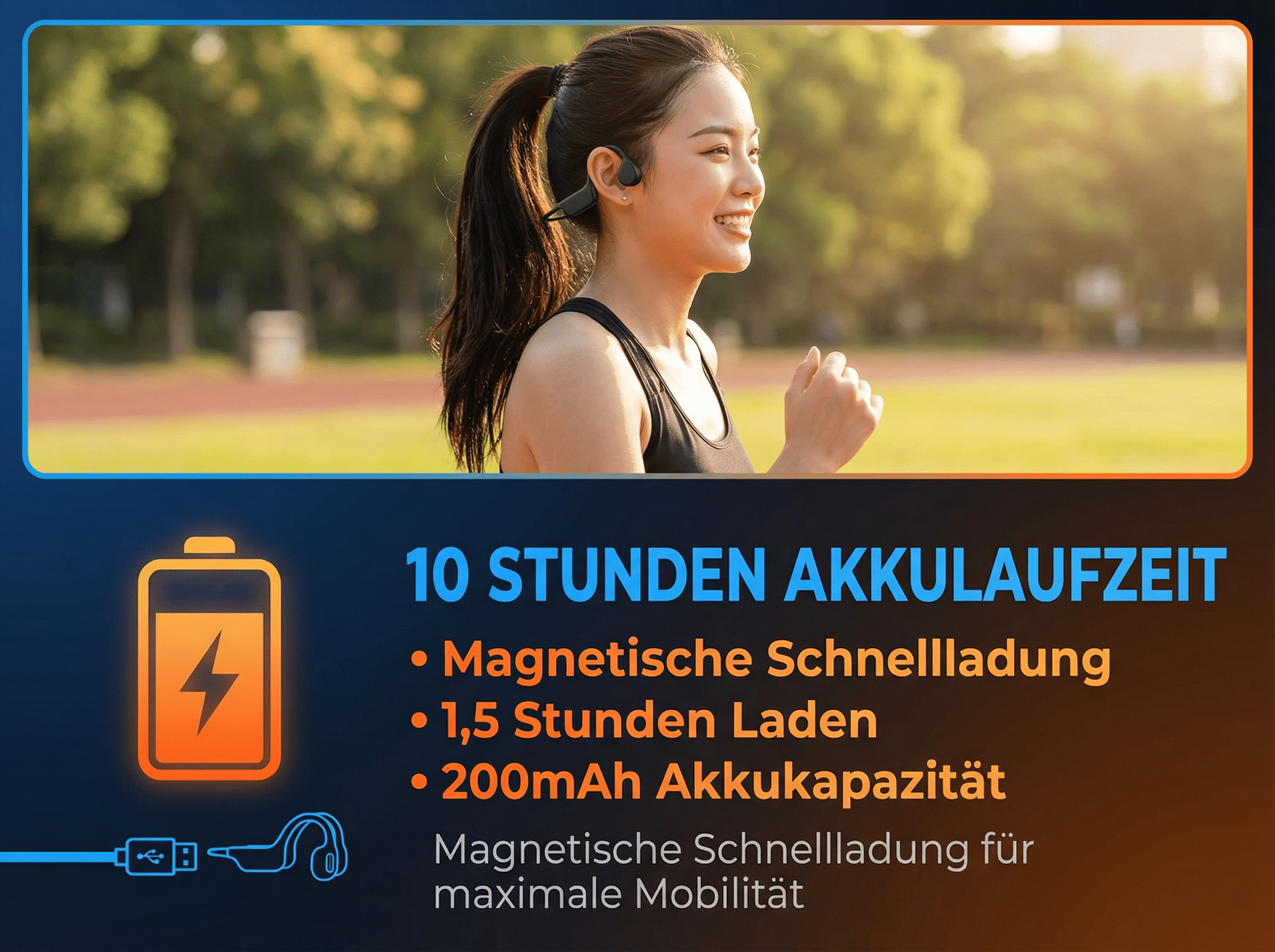 Lächelnde Frau beim Joggen mit Kopfhörern. Batterie-Symbol und Ladeinfos.