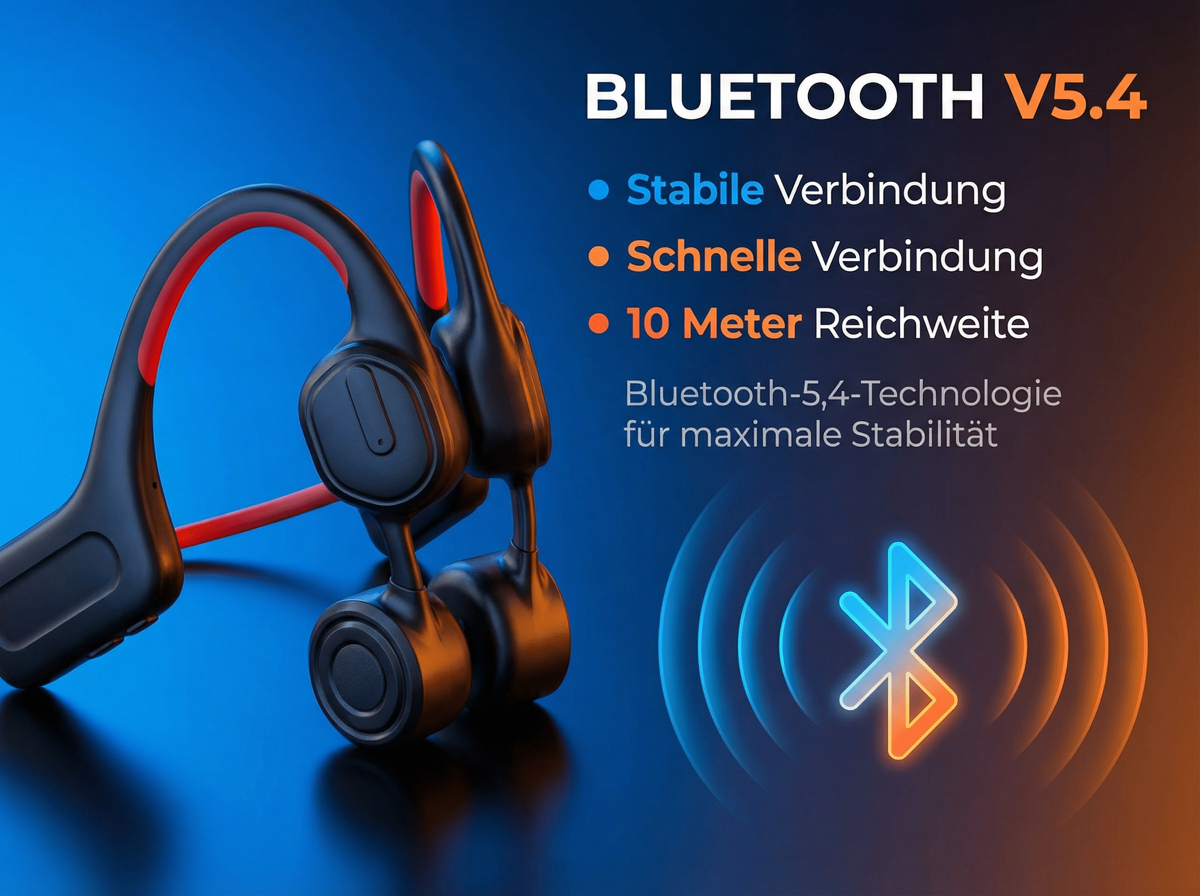 Schwarze Bluetooth-Kopfhörer mit rotem Bügel und blauer Wellenanzeige.