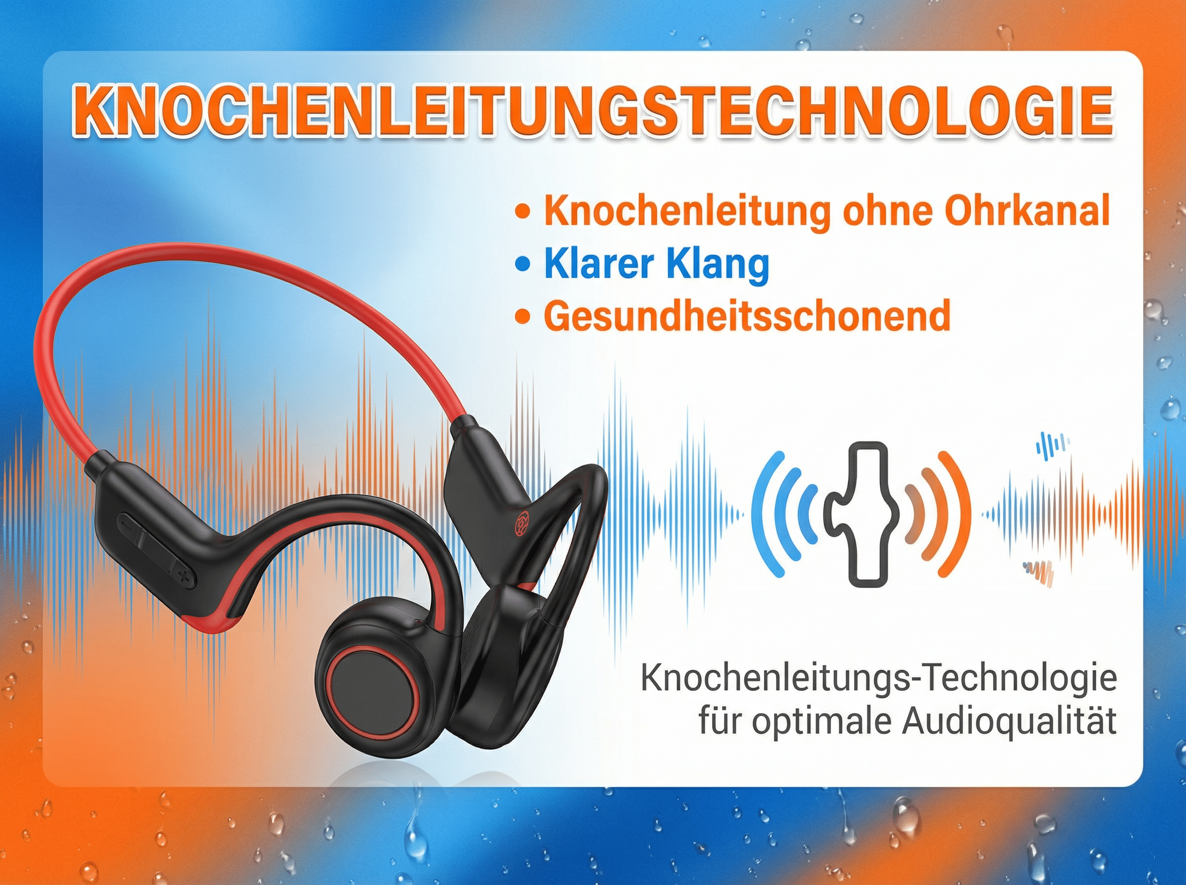 Schwarze Kopfhörer mit roter Umrandung und Wellenmuster.