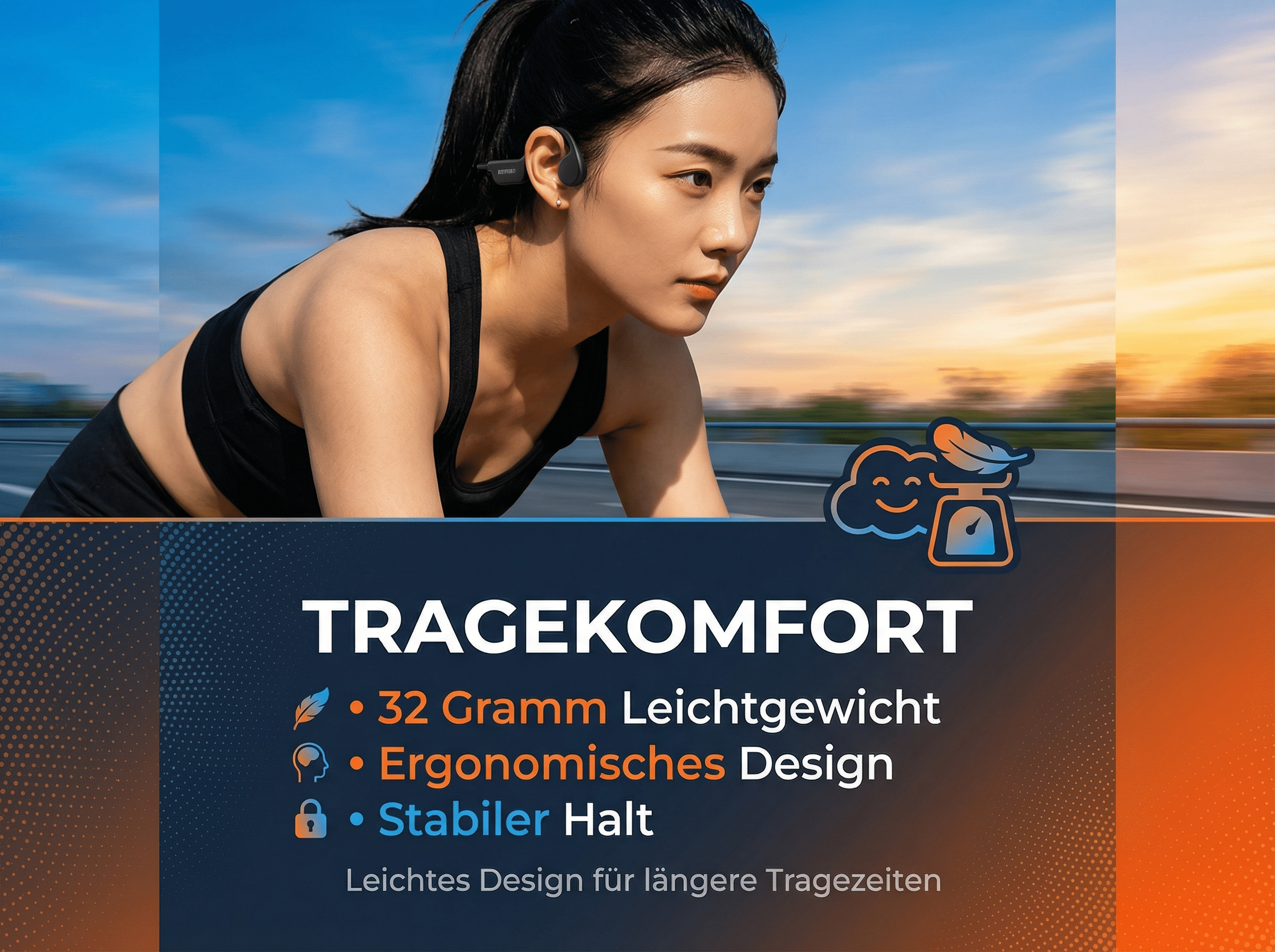 Läuferin mit Kopfhörern vor Sonnenuntergang, Tragekomfort-Details.