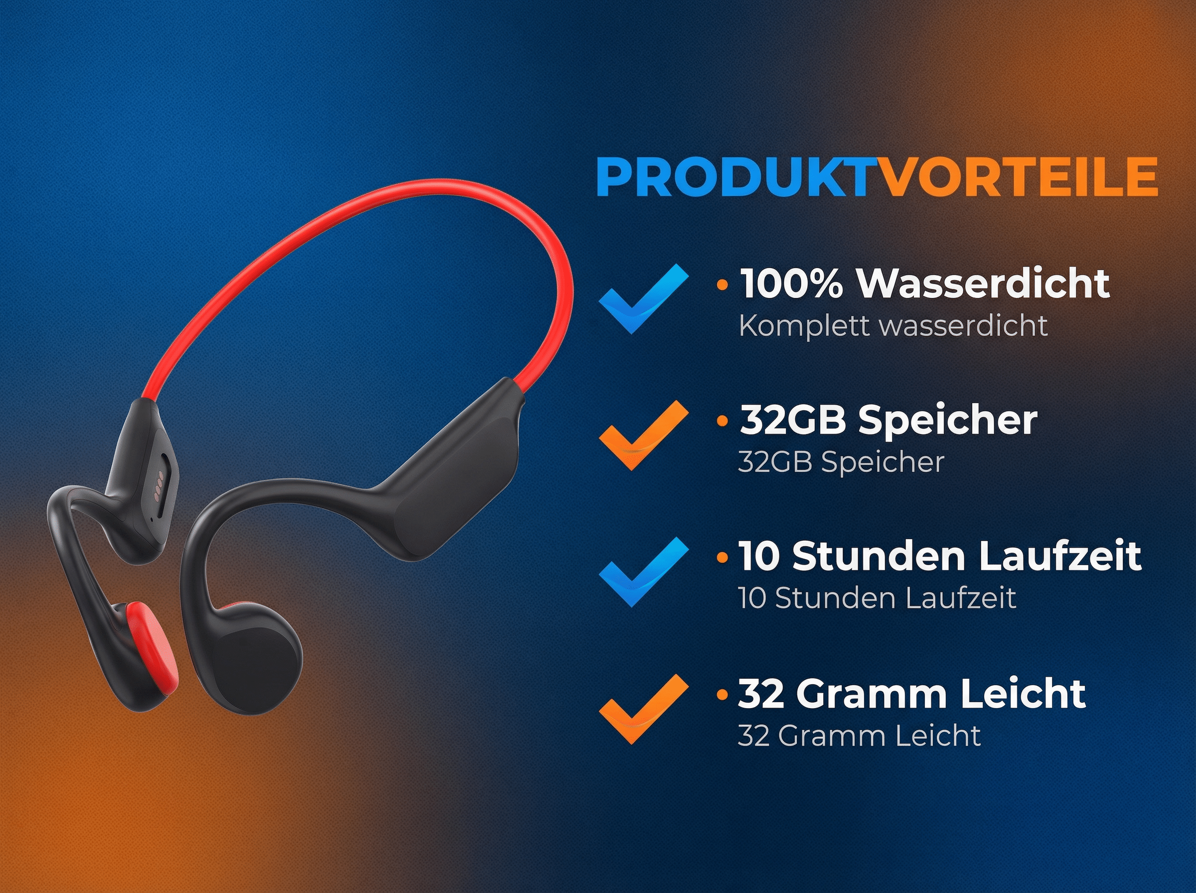 Schwarze Kopfhörer mit rotem Bügel, 100% wasserdicht, 32GB, 10h Laufzeit.