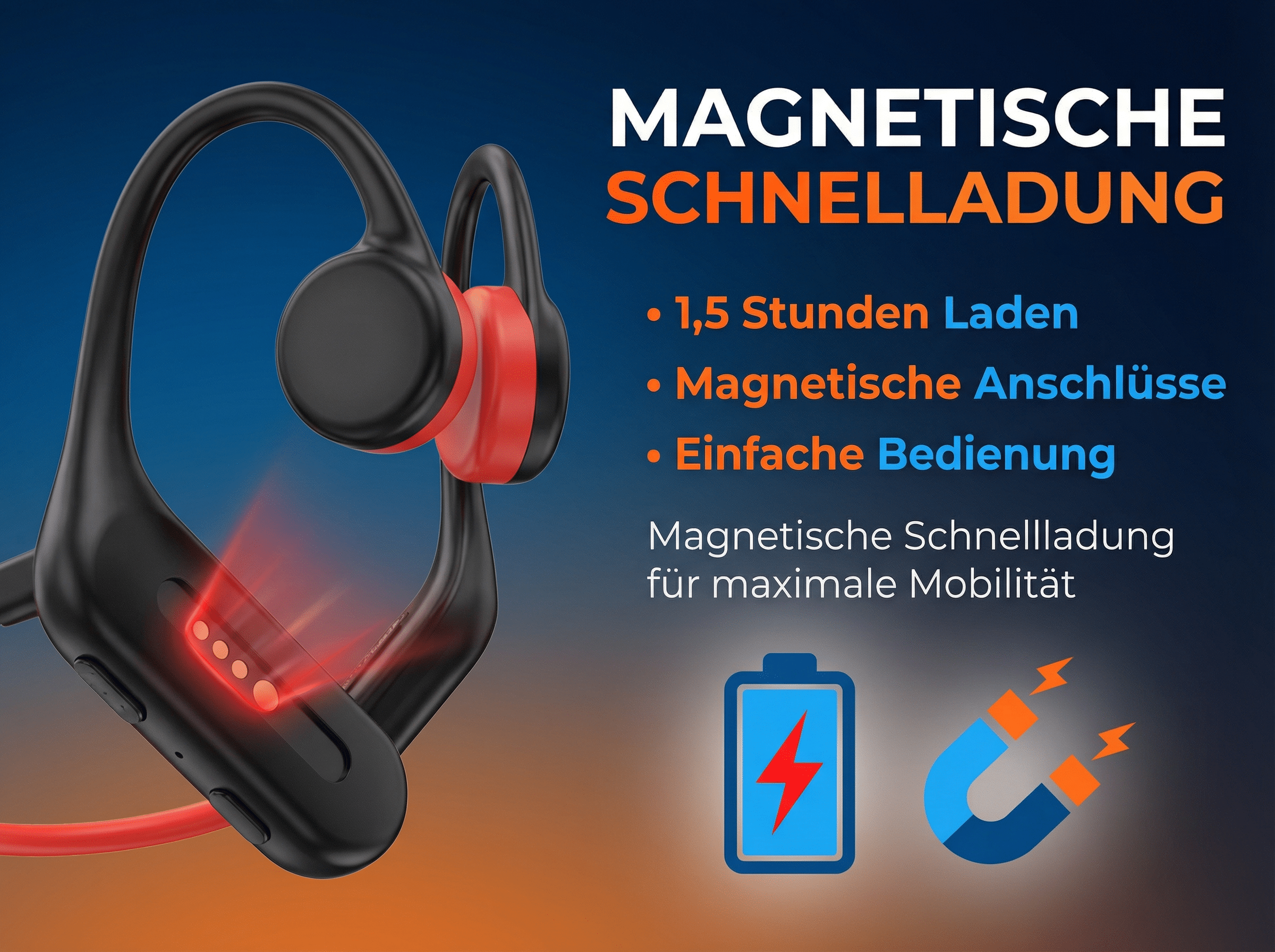 Schwarze und rote Kopfhörer mit Ladeanzeige, Akku- und Magnet-Symbol.
