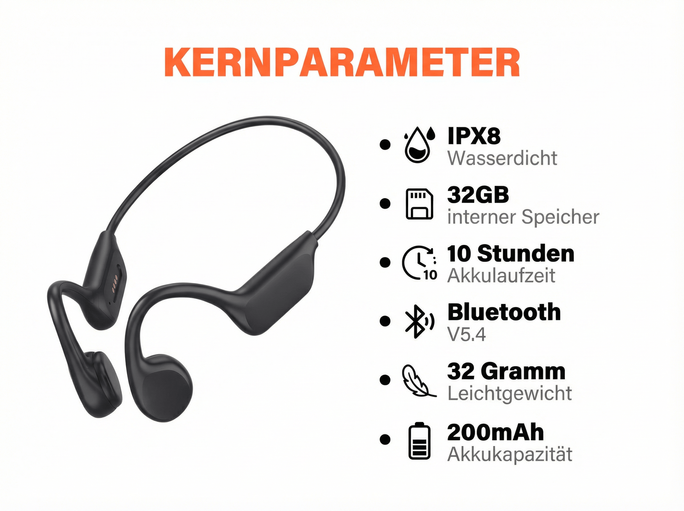 Schwarze Kopfhörer mit technischen Daten: IPX8 wasserdicht, 32GB Speicher, 10h Akku.