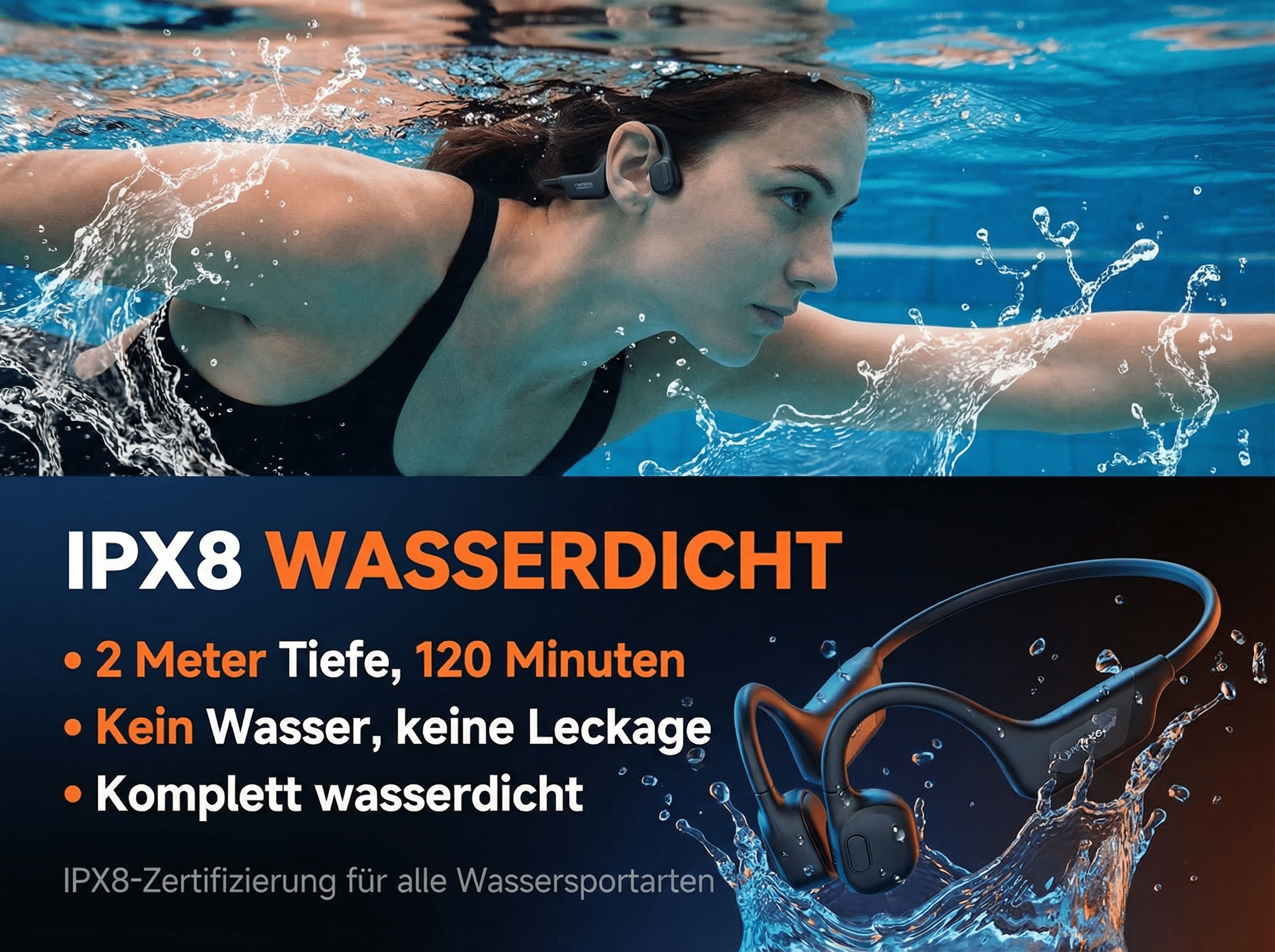 Frau schwimmt, trägt wasserdichte Kopfhörer. IPX8 zertifiziert.