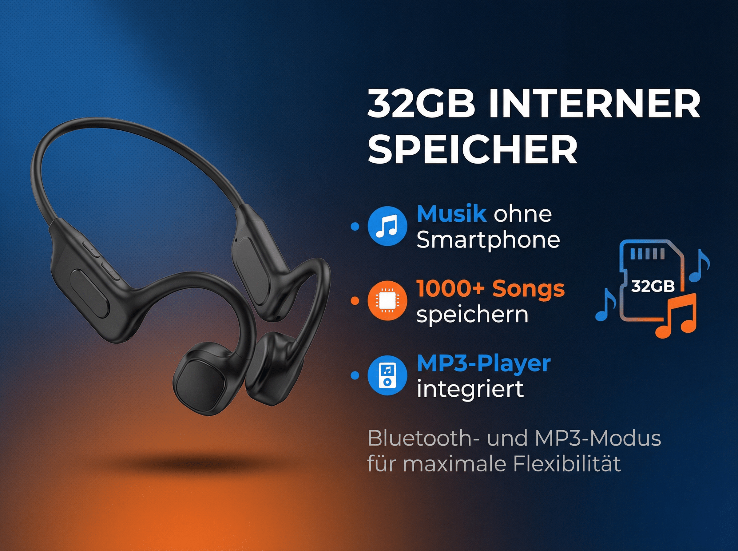 Schwarze Kopfhörer mit 32GB Speicher, Musik ohne Smartphone & MP3-Player.