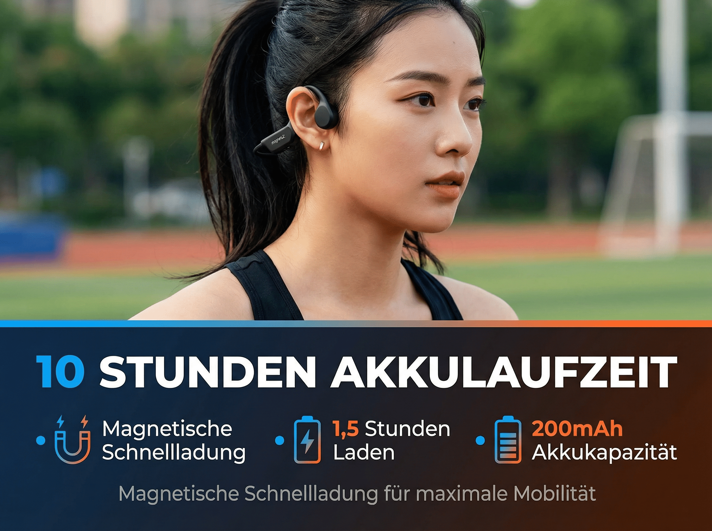 Eine Frau mit Kopfhörern im Freien, mit Text über Akkulaufzeit und Ladezeit.