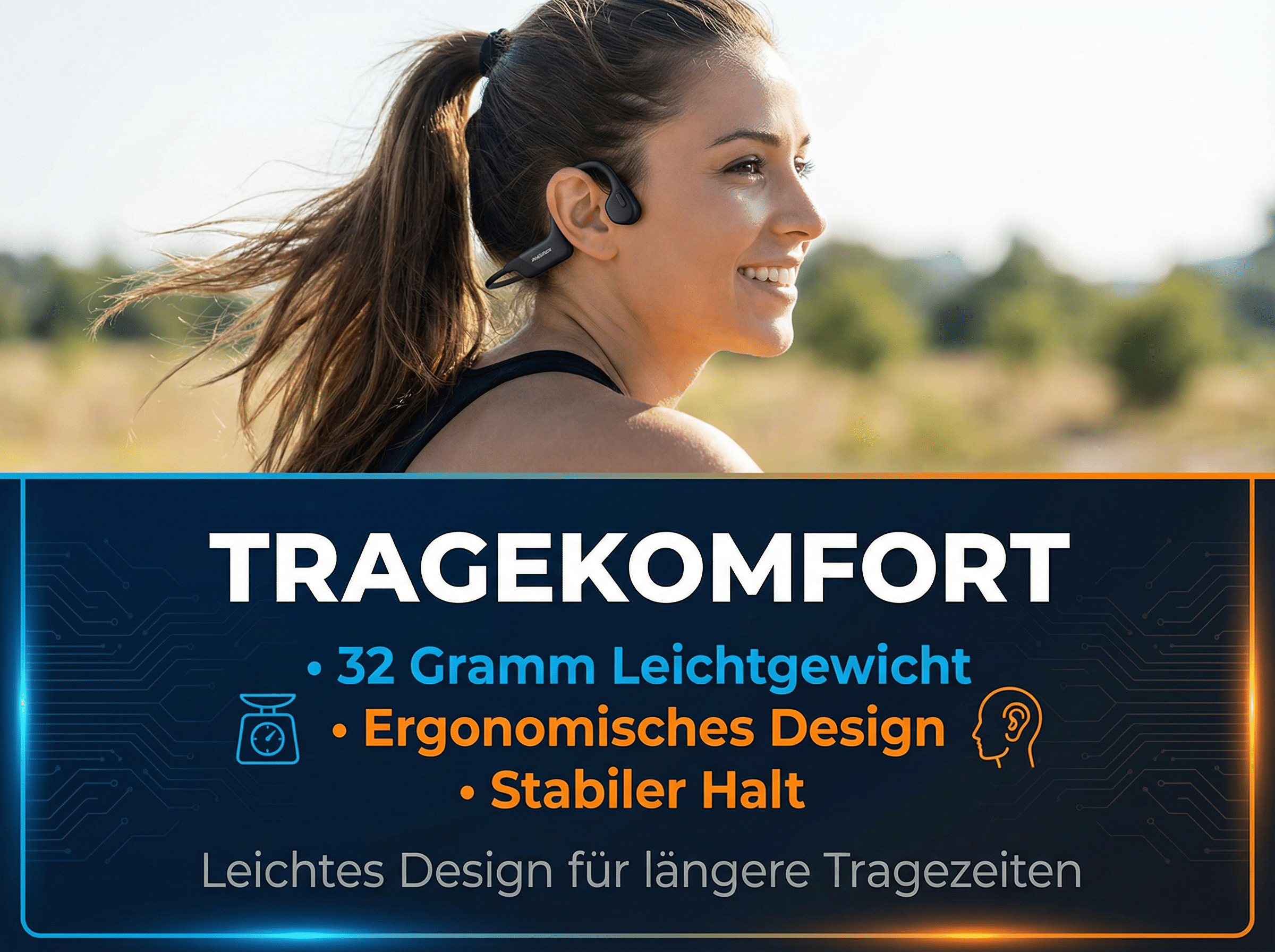 Frau mit Kopfhörern im Freien. Text über Tragekomfort, Gewicht und Design.