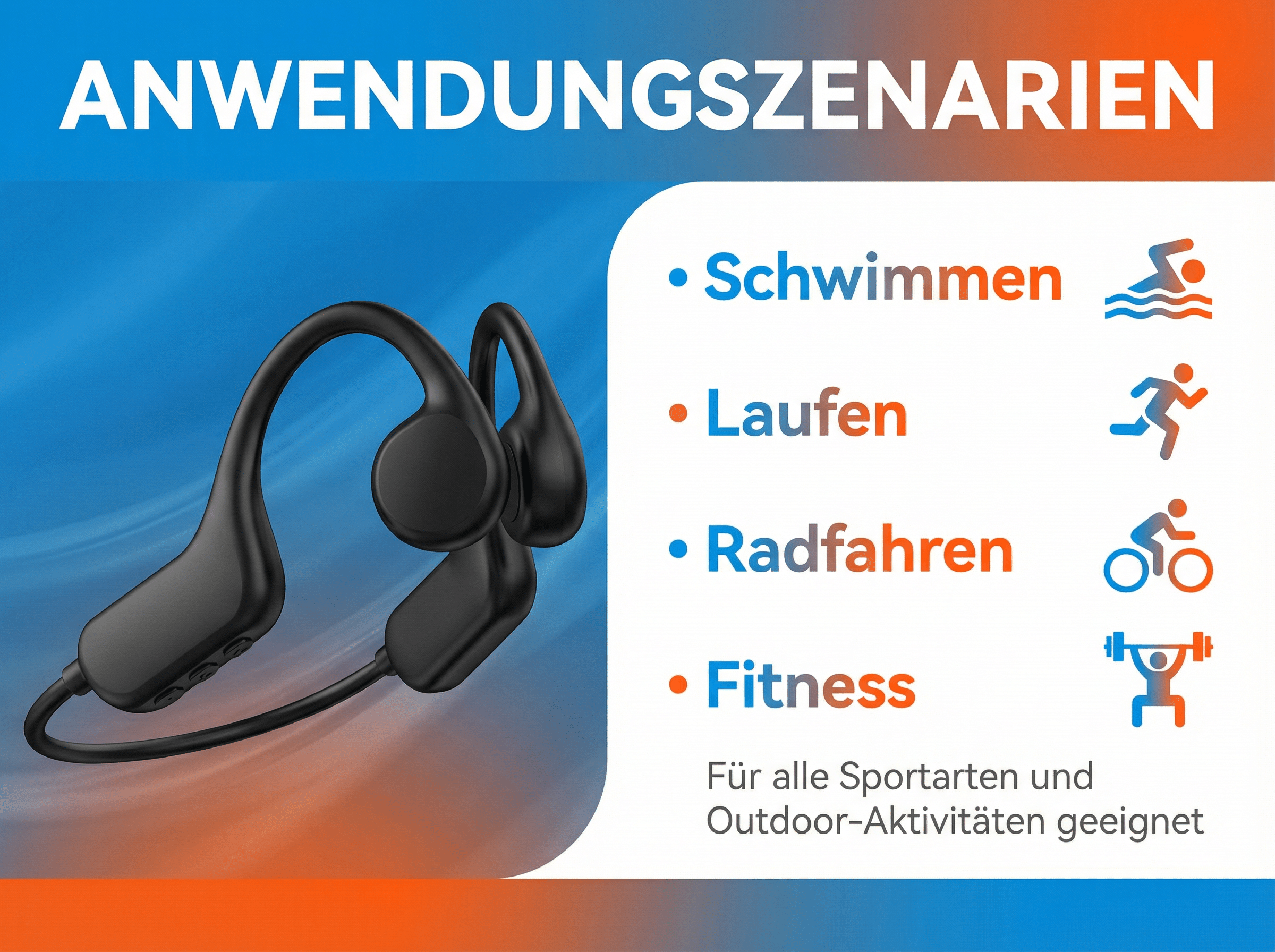 Schwarze Kopfhörer für Sport: Schwimmen, Laufen, Radfahren, Fitness.