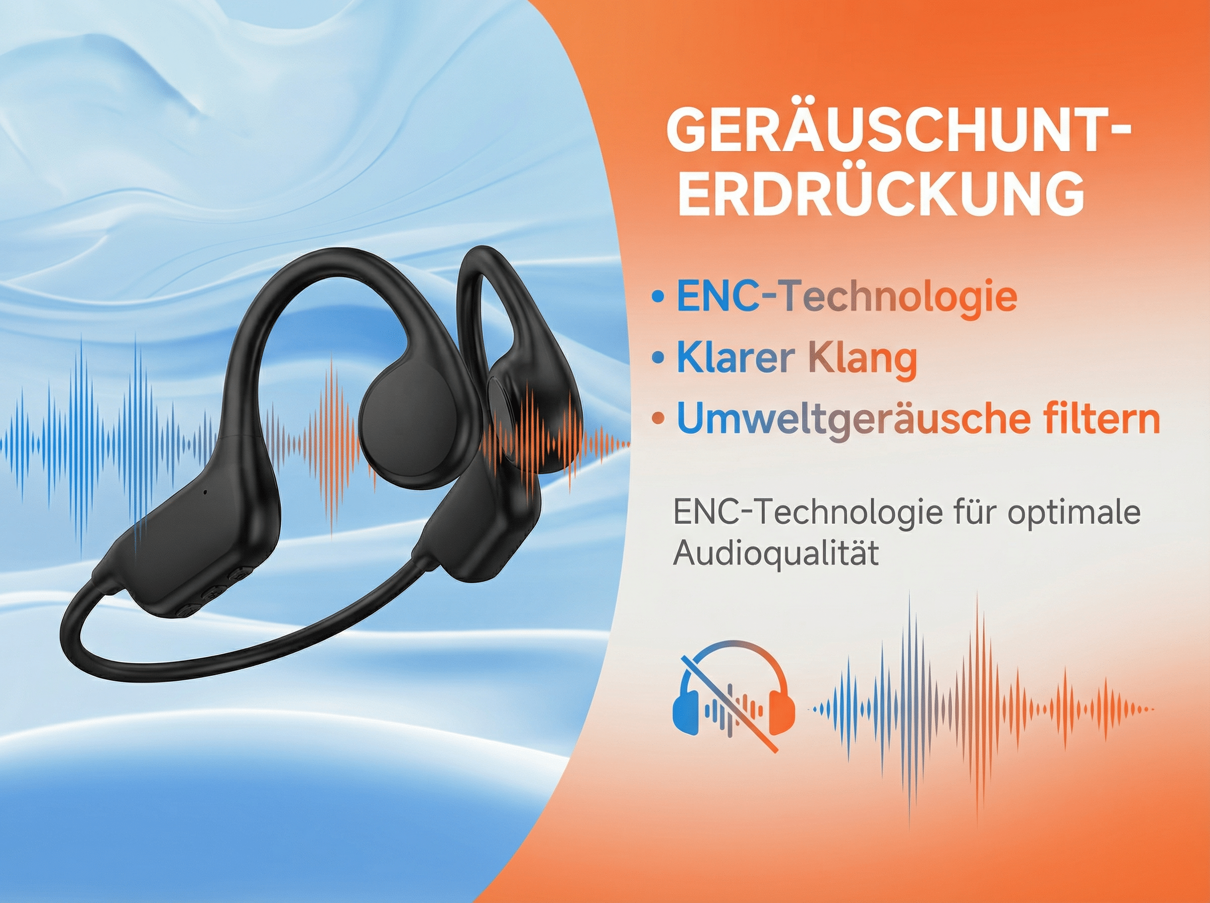 Schwarze Kopfhörer mit Wellenmuster und Audiogrammen. Geräuschunterdrückung.