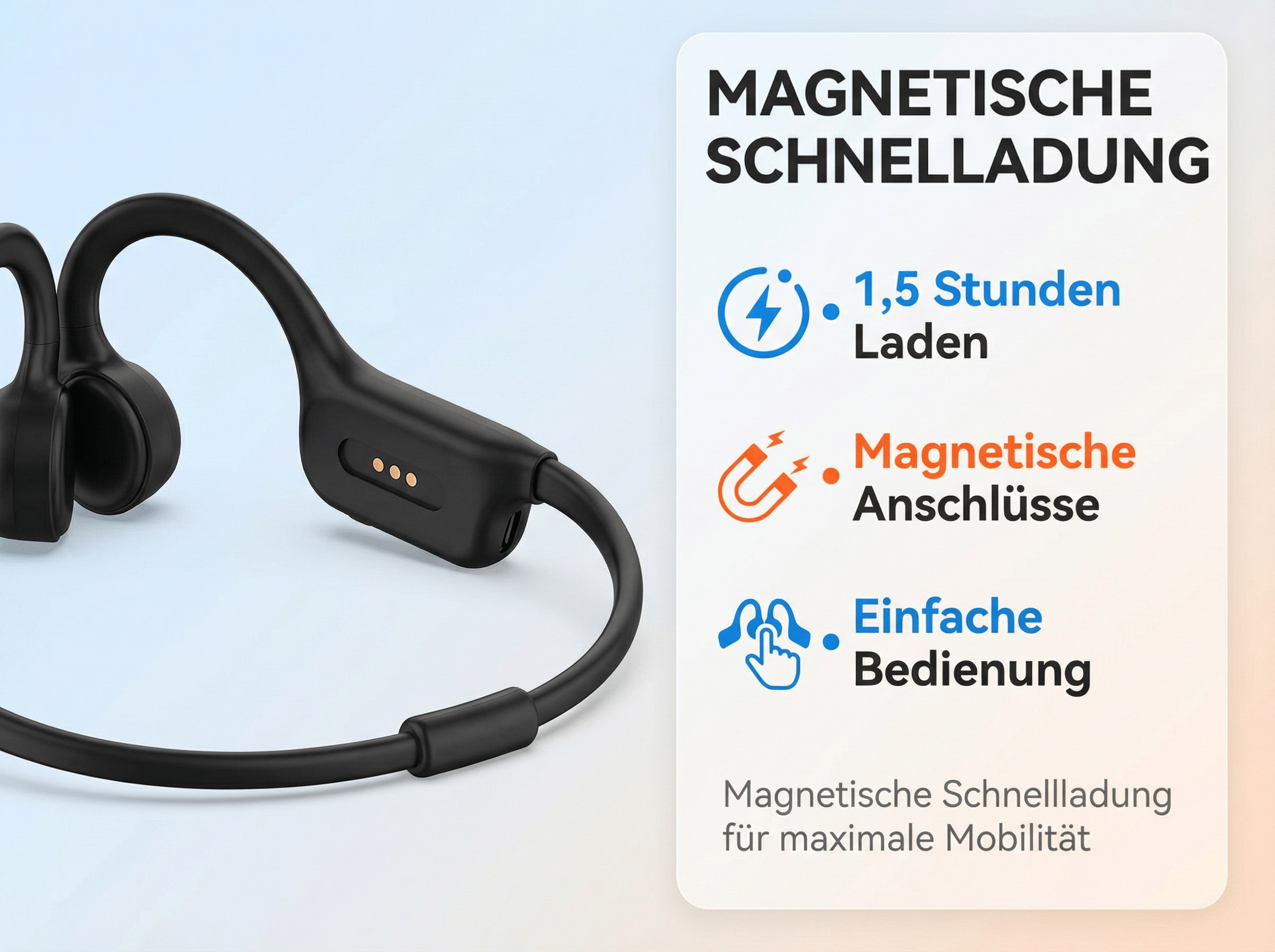 Schwarze Kopfhörer mit Ladeanzeige und magnetischer Ladefunktion.
