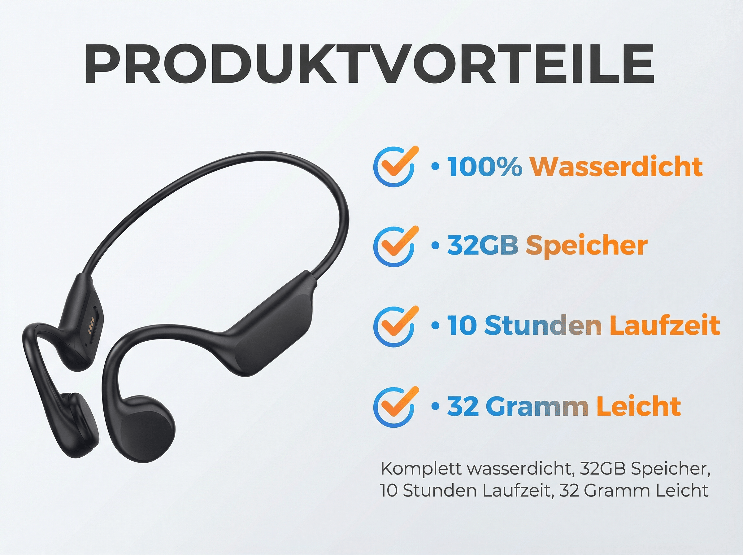 Schwarze Kopfhörer mit Checkmarken für 100% Wasserdicht, 32GB Speicher, 10h Akku, 32g.