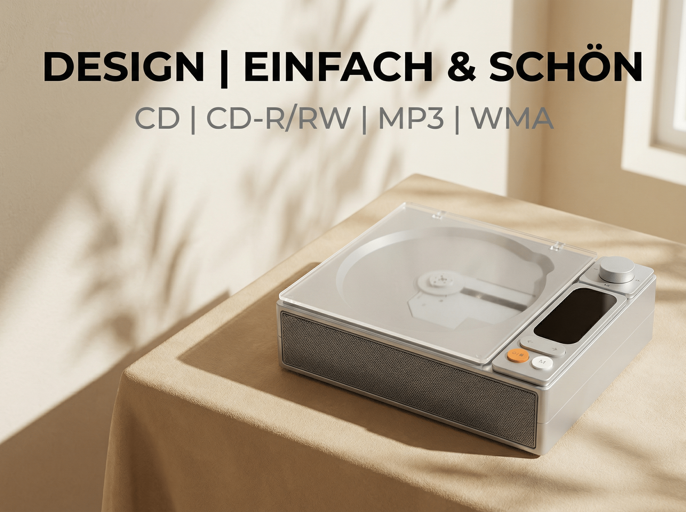 Ein silberner CD-Player mit Lautsprechern steht auf einem Tisch.