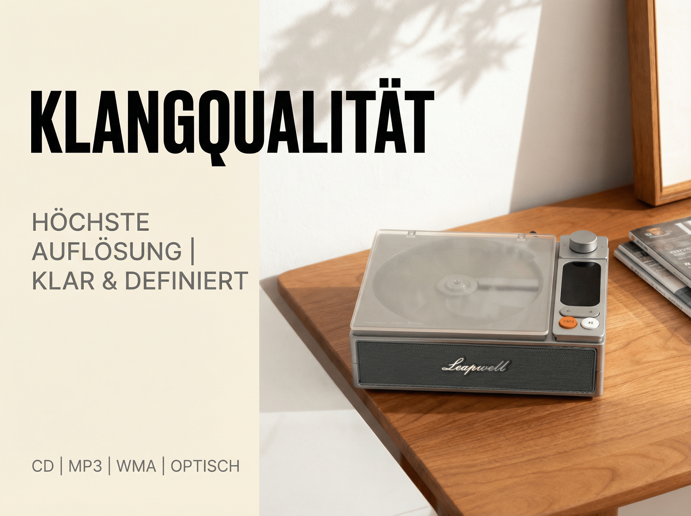 Ein Schallplattenspieler mit dem Text KLANGQUALITÄT und CD, MP3, WMA.