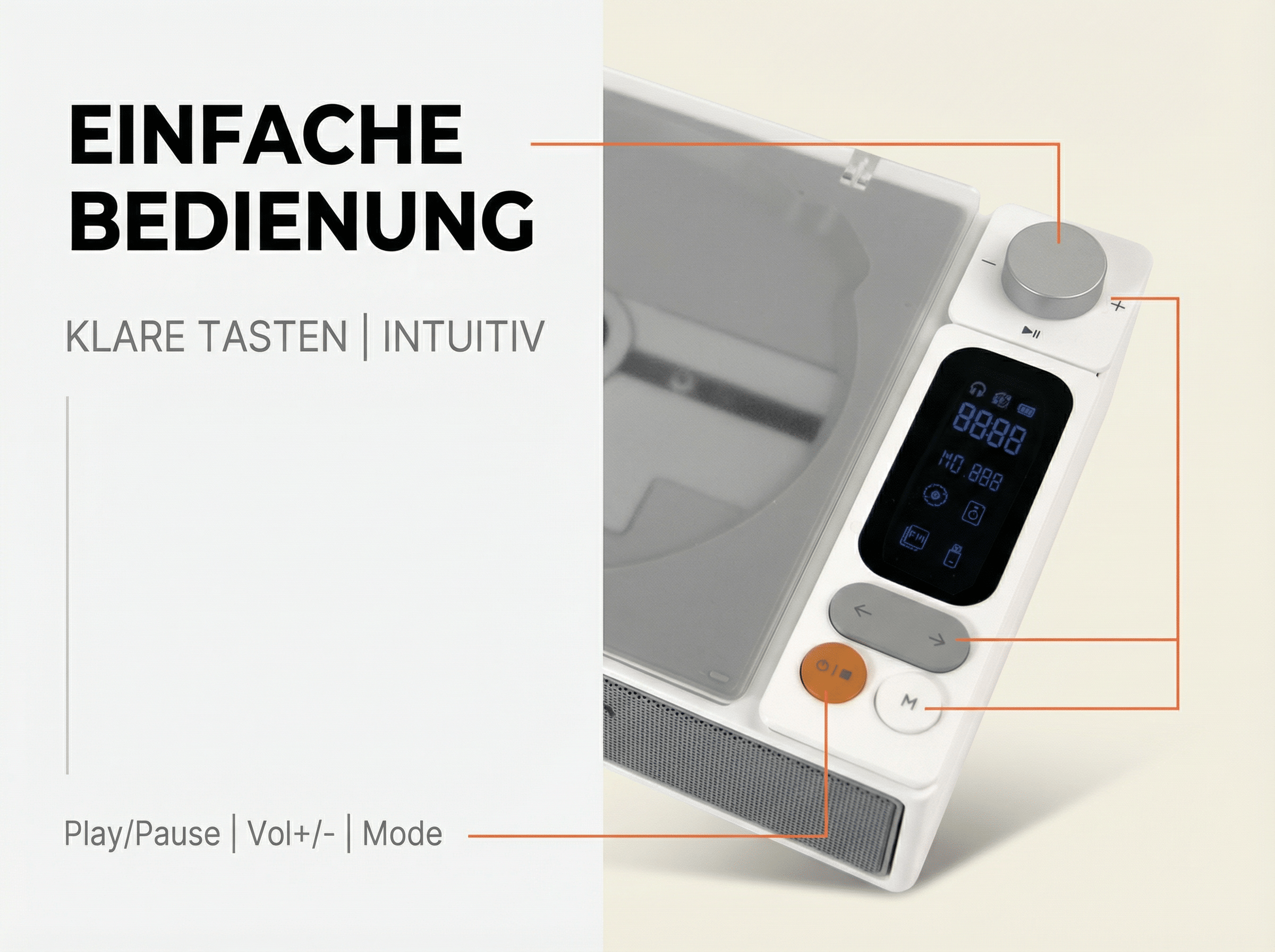Ein weißes Gerät mit Display und Bedienelementen. Text: Einfache Bedienung.