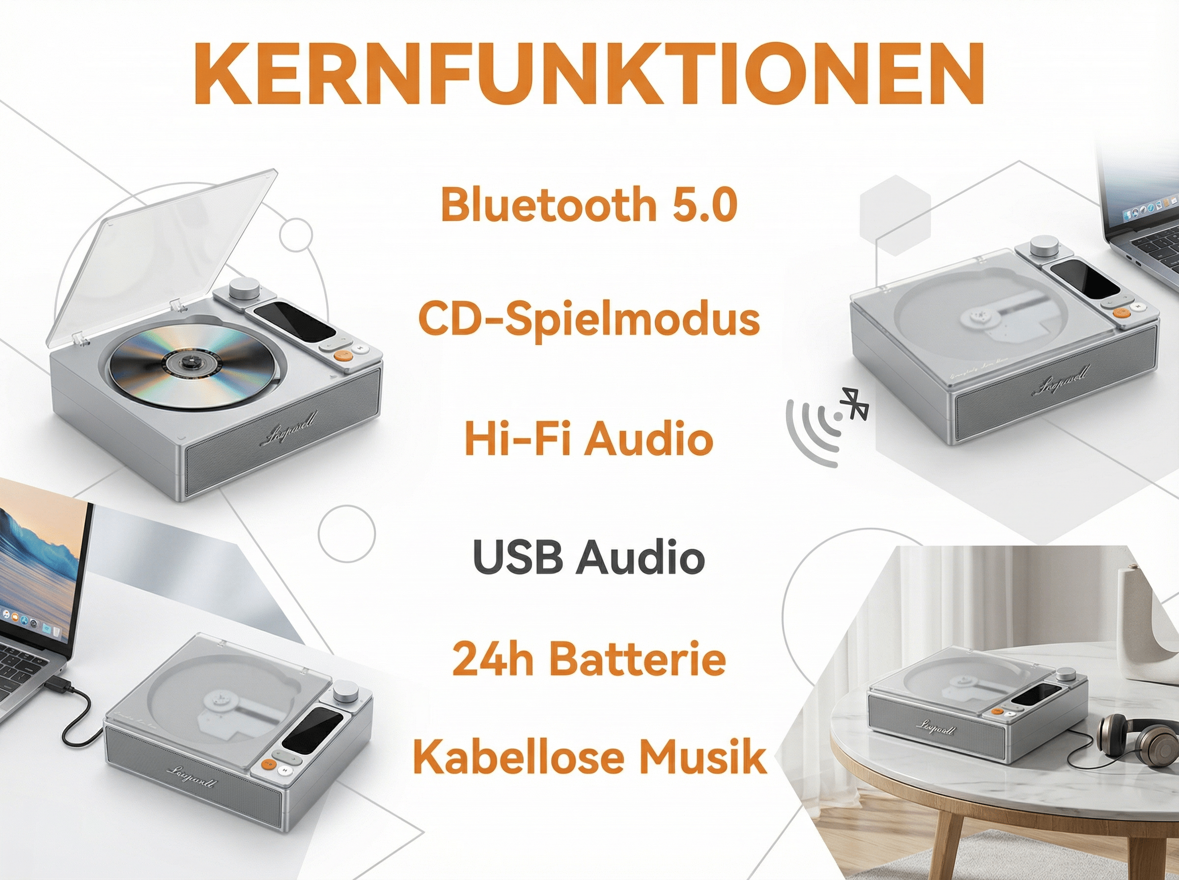 Ein silberner CD-Player mit Lautsprechern und Funktionen wie Bluetooth 5.0.