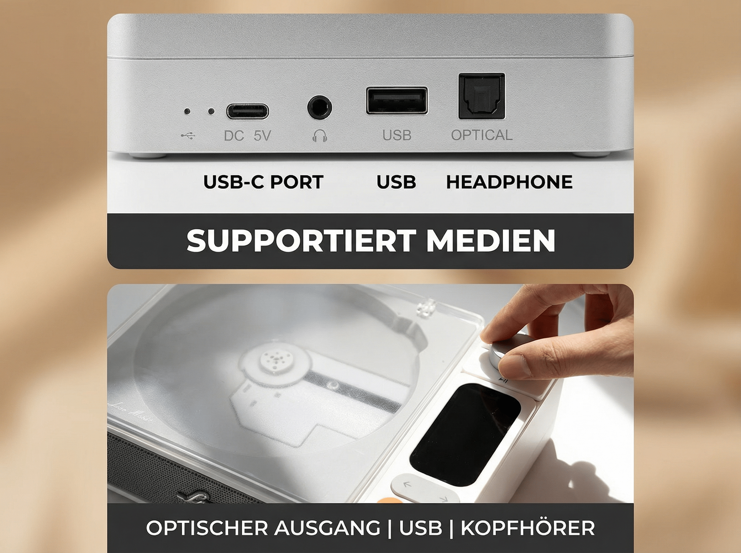 Gerät mit USB-C, USB, Kopfhöreranschluss und optischem Ausgang.