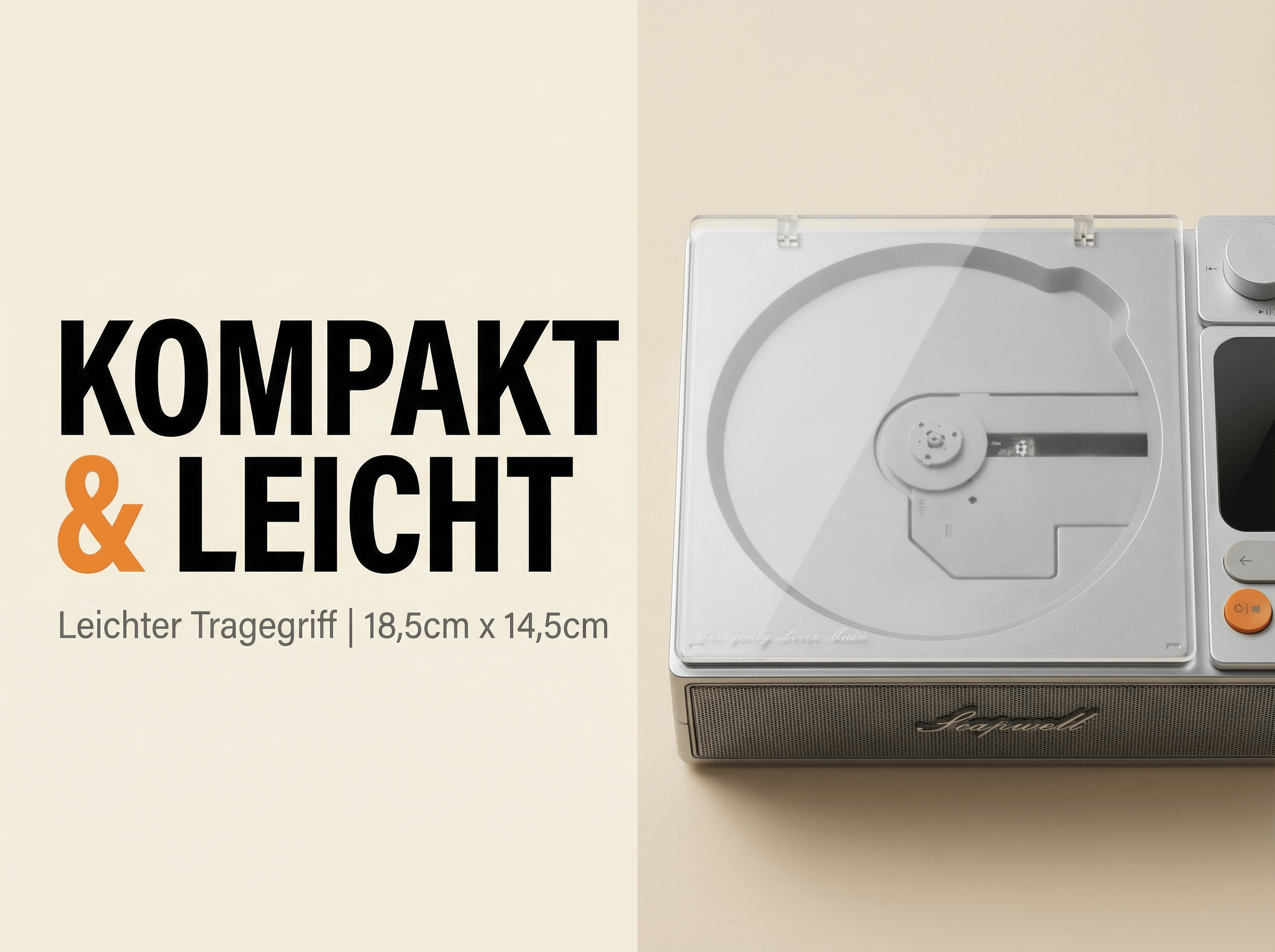 Kompakter silberner CD-Player mit Lautsprecher und Bedienelementen.