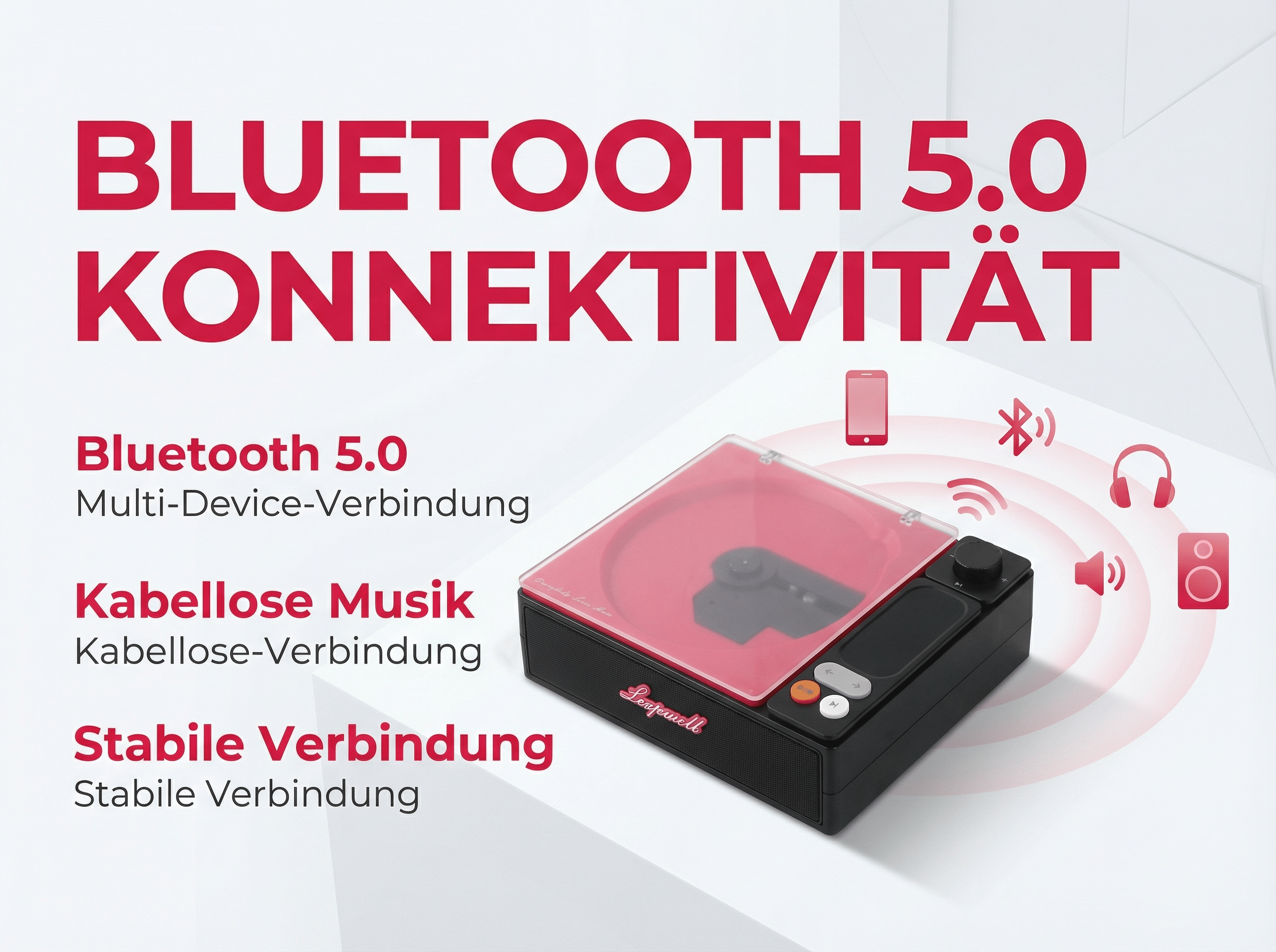 Schwarzer Plattenspieler mit rotem Plattenteller und Bluetooth-Symbolen.