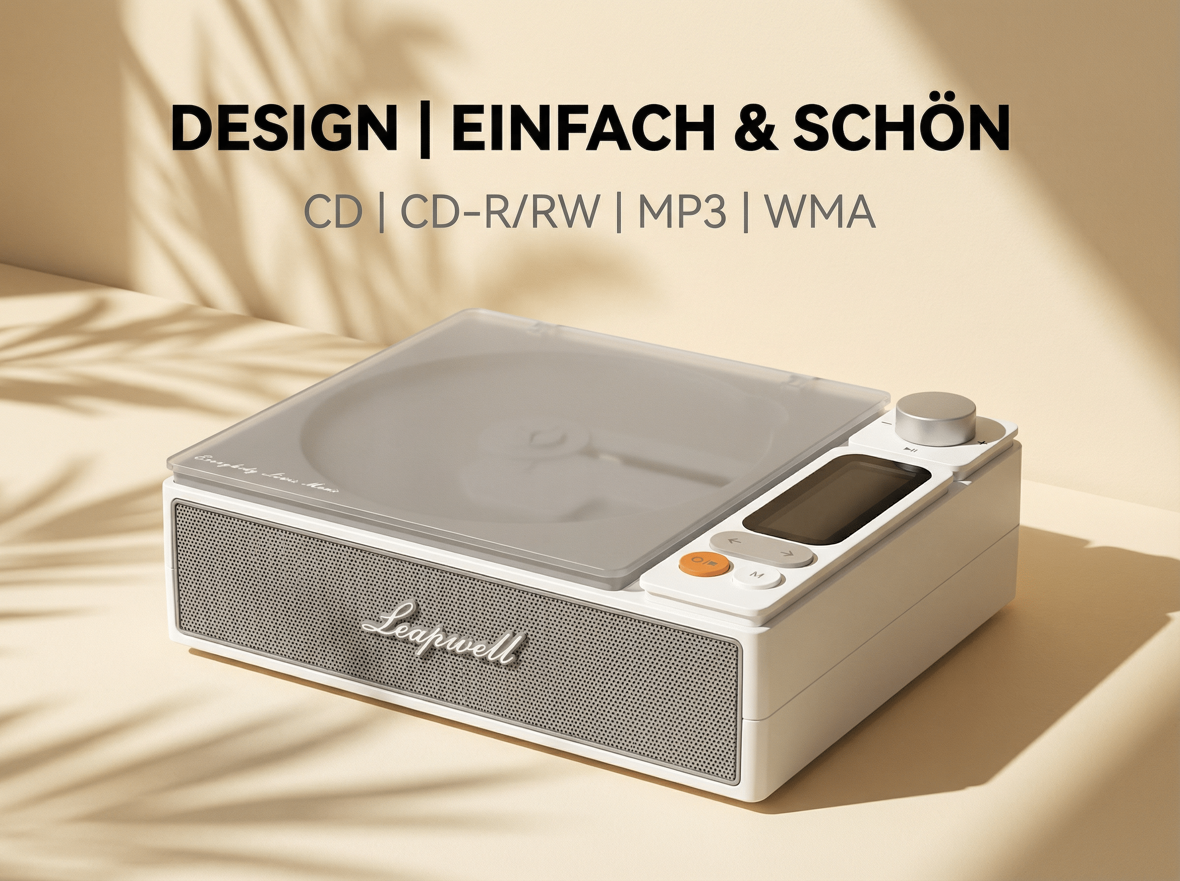 Ein weißer CD-Player mit Lautsprecher und silbernem Drehknopf.