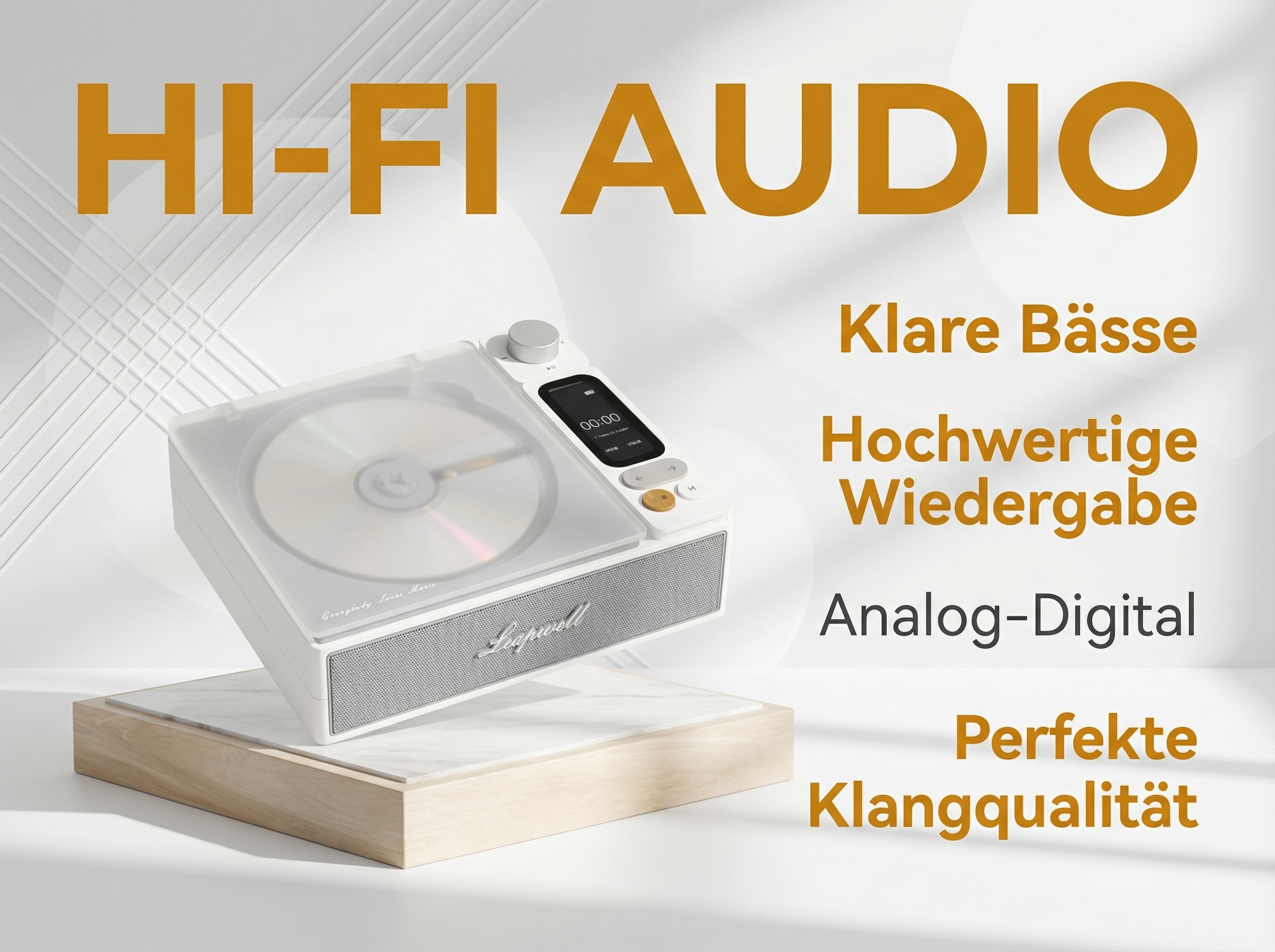 Ein weißer CD-Player mit silbernem Lautsprecher und digitalem Display.