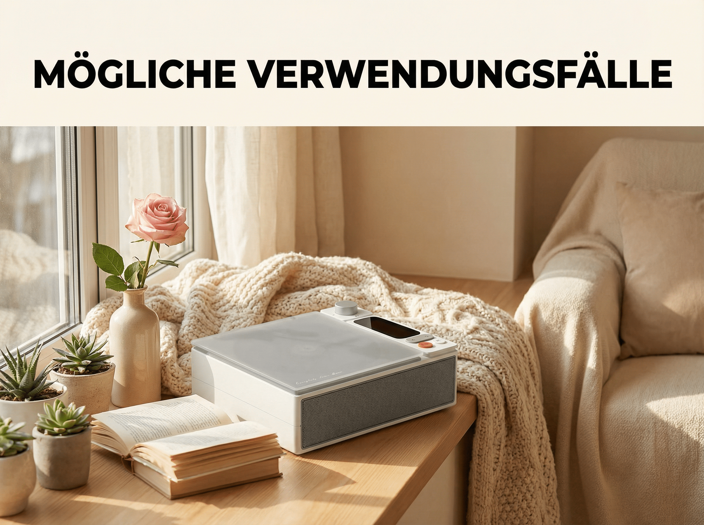Ein rosa Rose in Vase, Sukkulenten, Buch und Lautsprecher auf einem Holztisch.