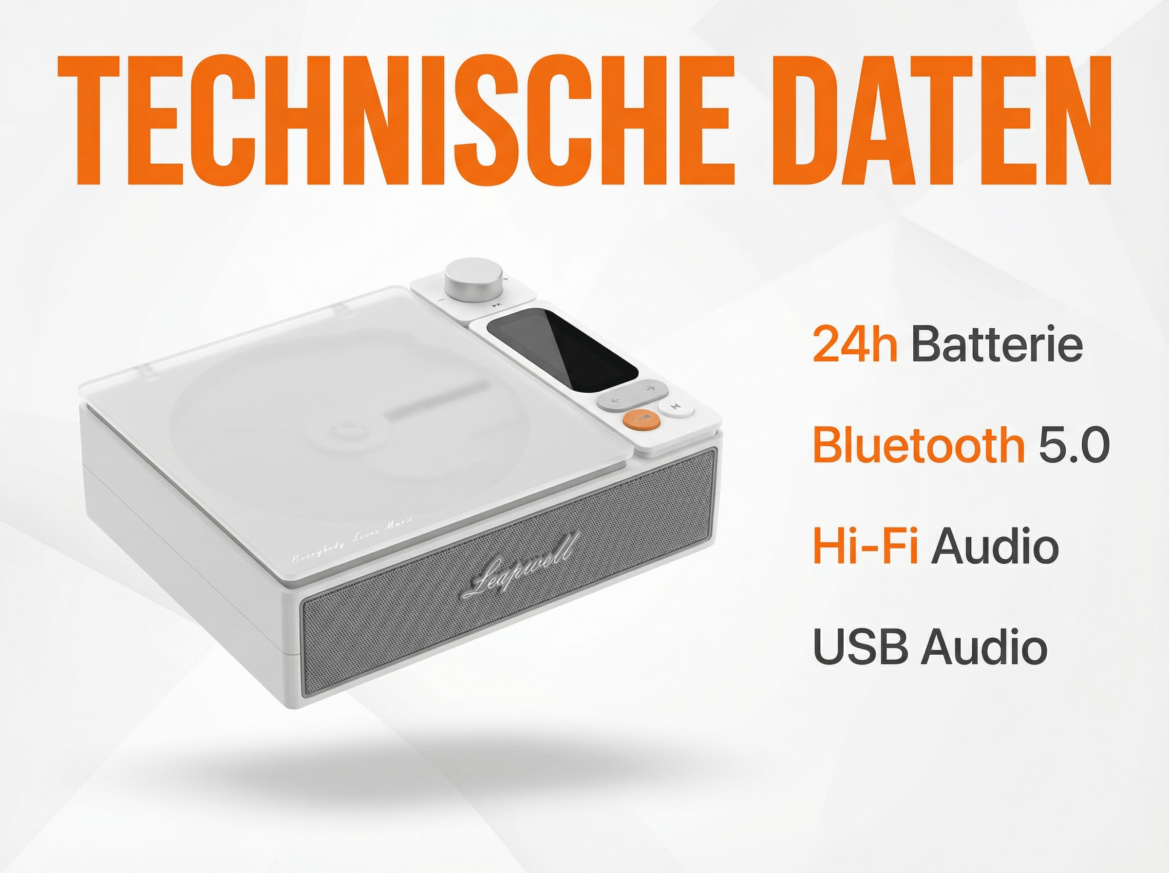 Weiße Anlage mit CD-Fach, Display und Lautsprecher. Technische Daten.