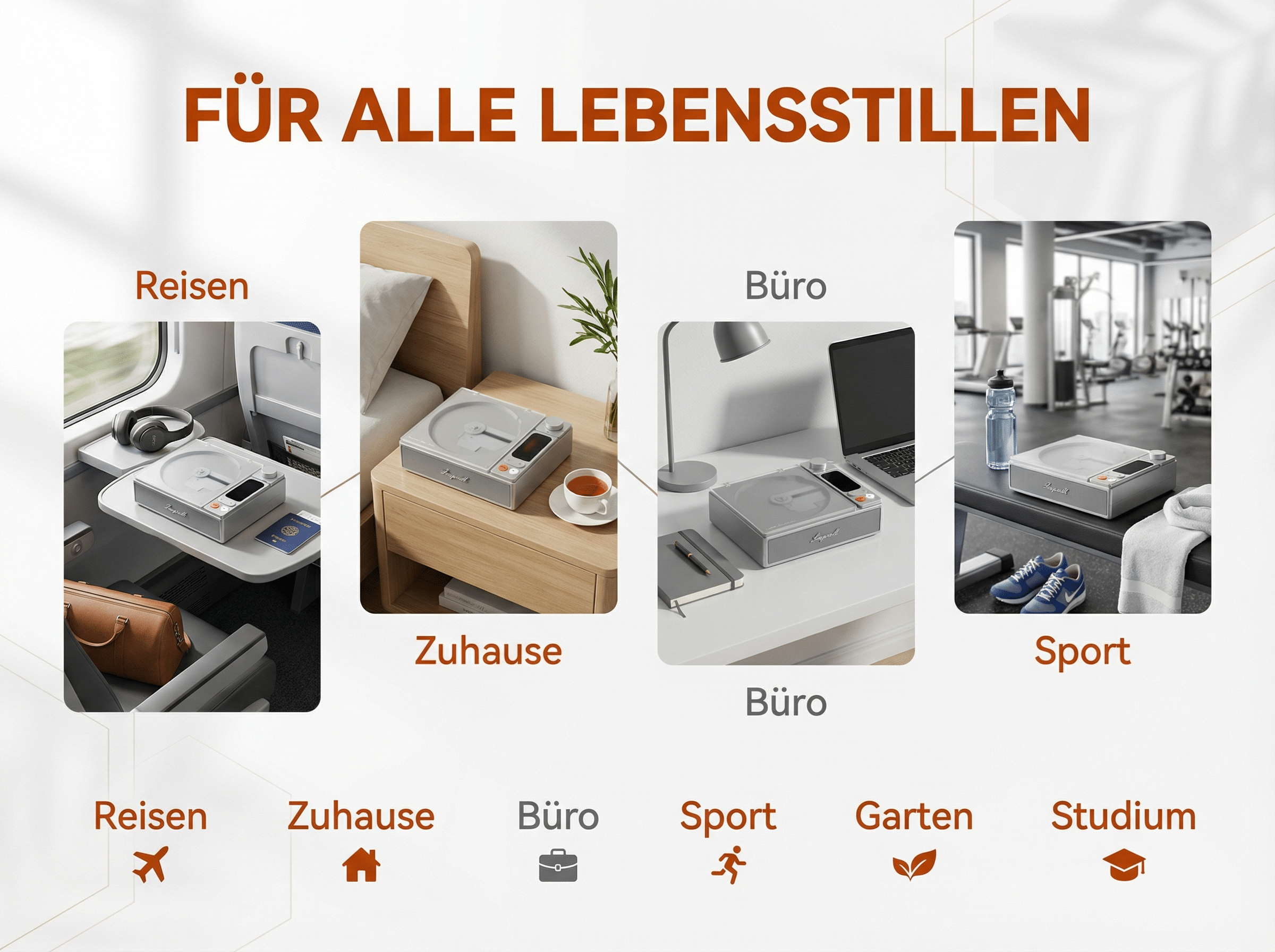 Gerät in verschiedenen Lebenssituationen: Reisen, Zuhause, Büro, Sport.