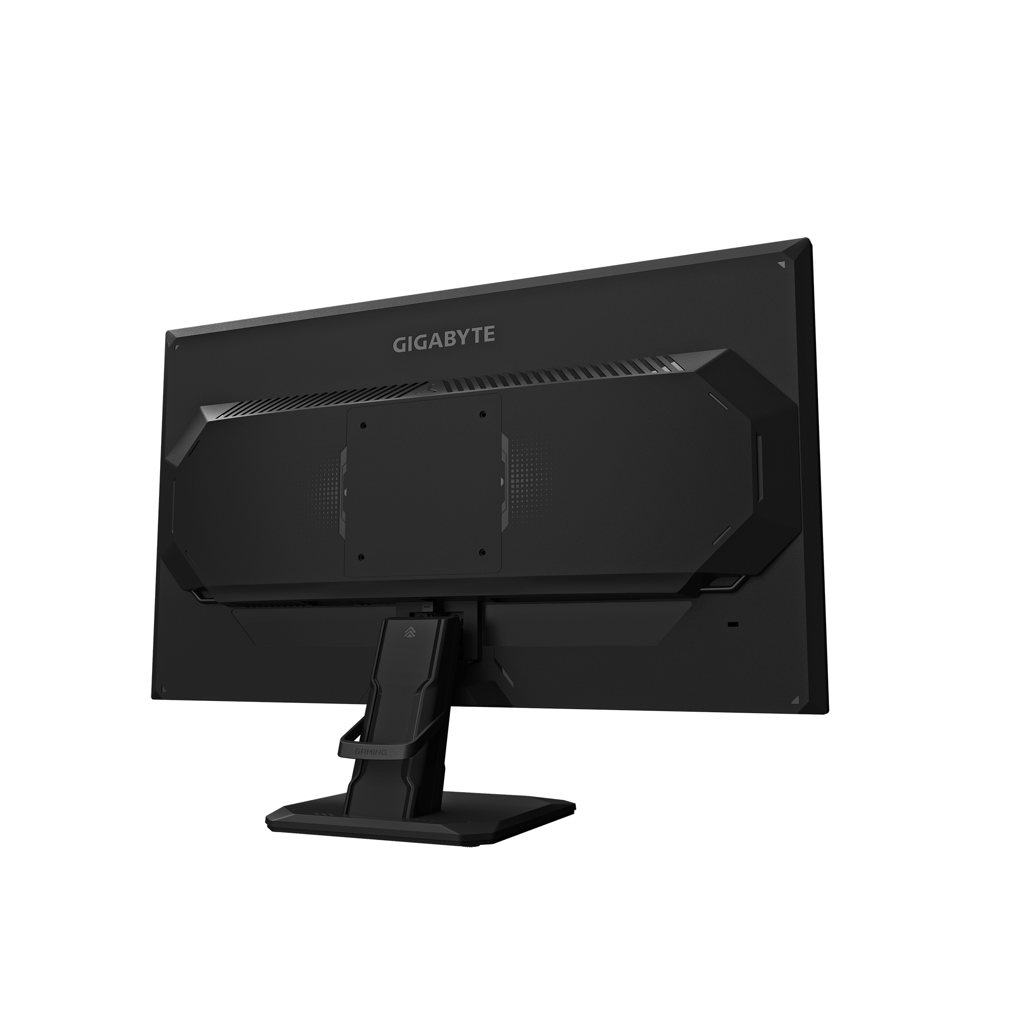 Rückseite eines schwarzen GIGABYTE Gaming-Monitors mit Lüftungsschlitzen und Ständer.