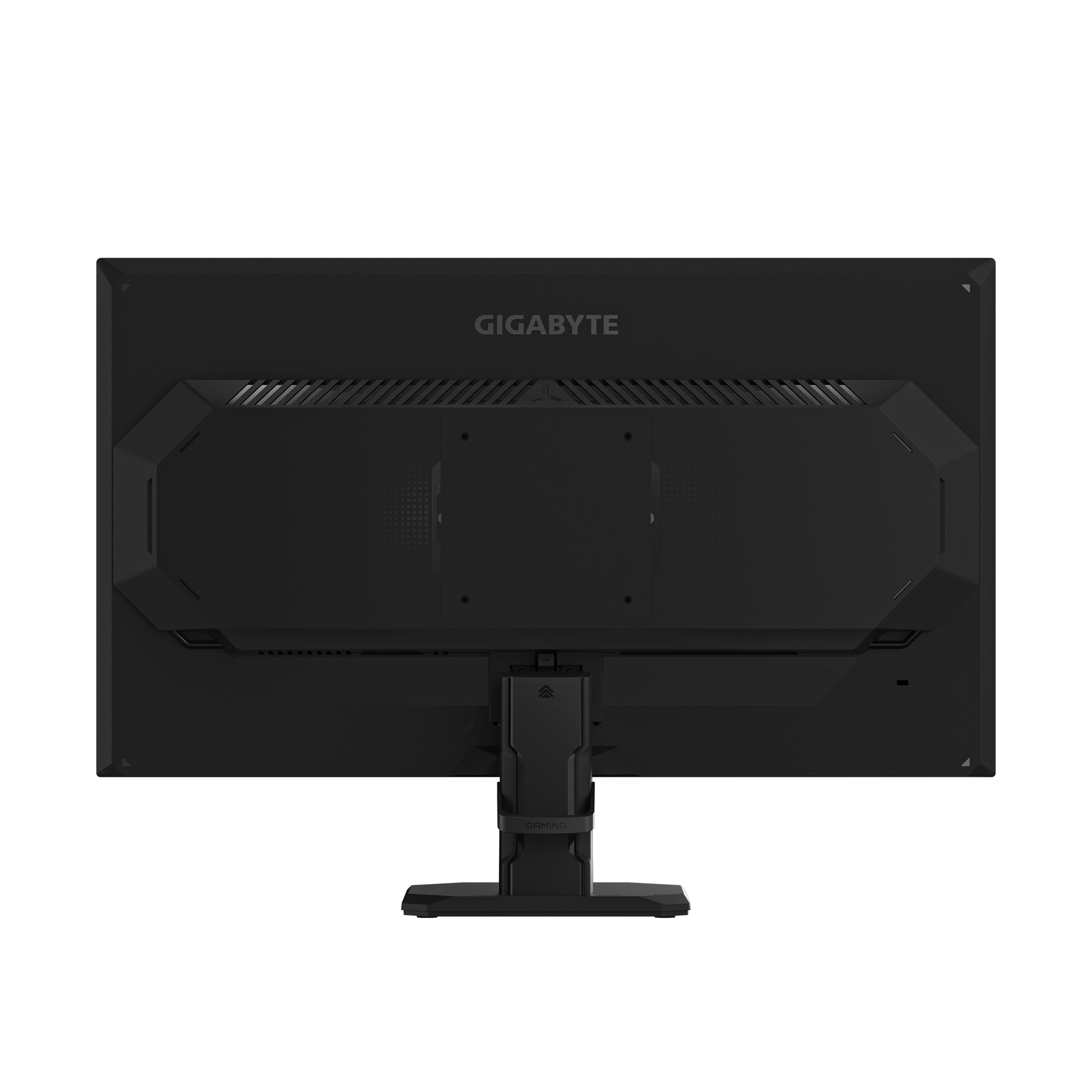 Rückansicht eines schwarzen GIGABYTE Monitors mit Ständer.