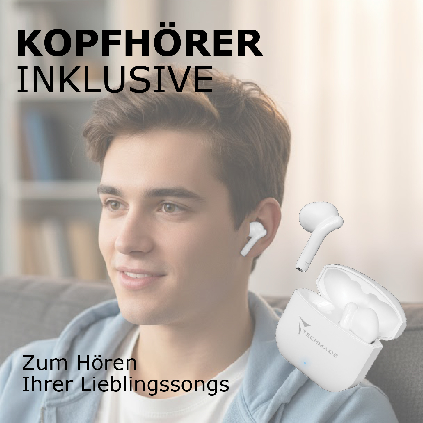 Ein junger Mann trägt weiße Ohrhörer. Ein Ladecase und ein Ohrhörer sind daneben.