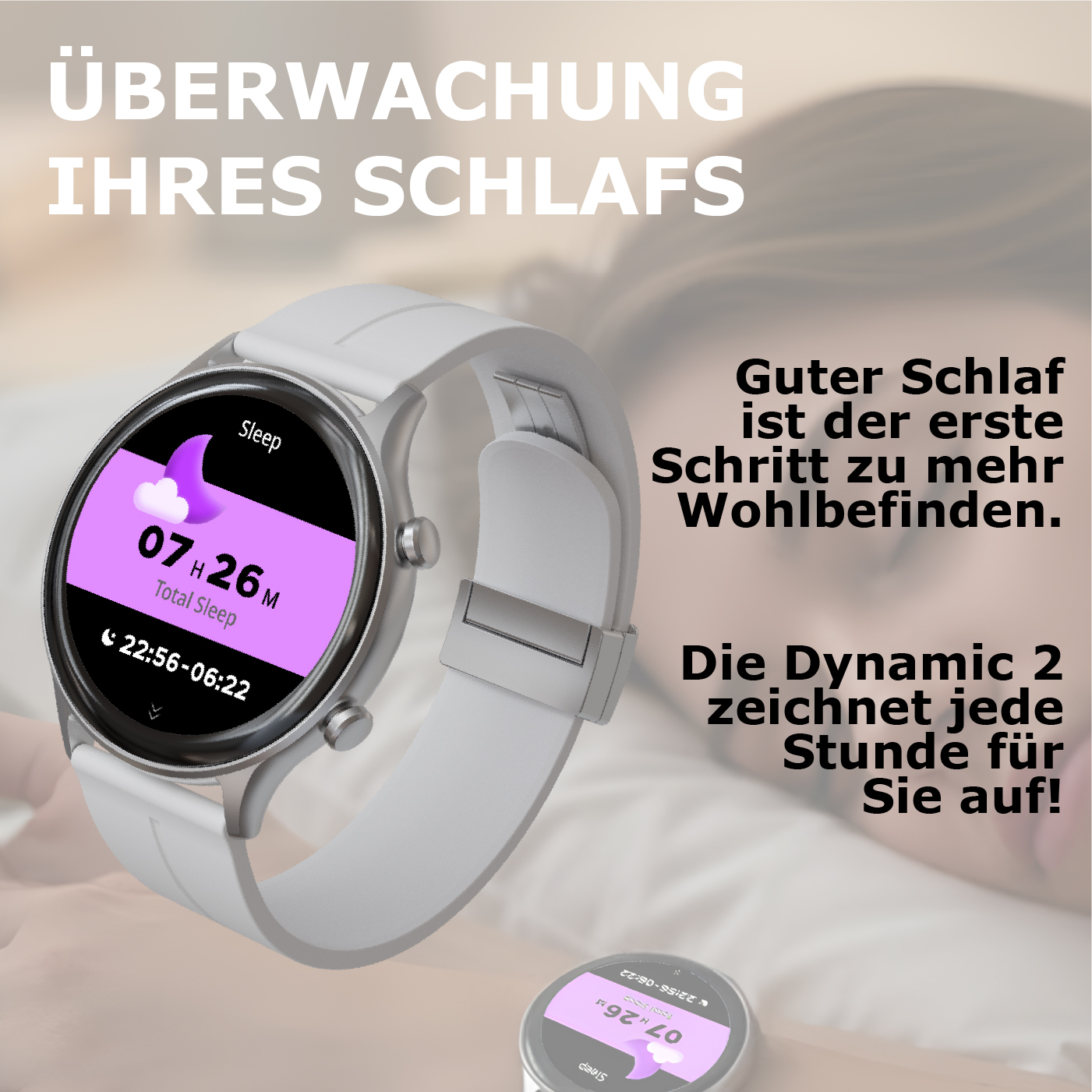 Graue Smartwatch mit weißem Armband zeigt Schlafanalyse. Text auf Deutsch.