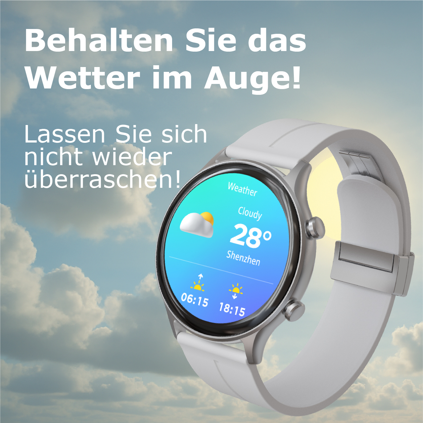Eine weiße Smartwatch zeigt das Wetter: bedeckt, 28 Grad, Shenzhen.