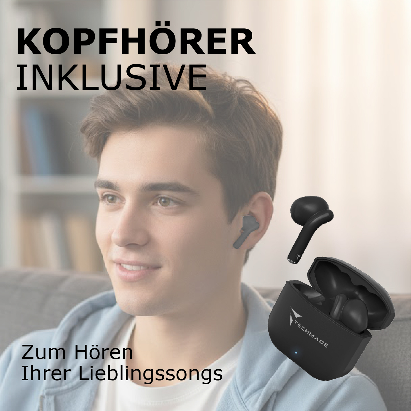 Mann mit Kopfhörern, schwarzes Ladecase und Kopfhörer.