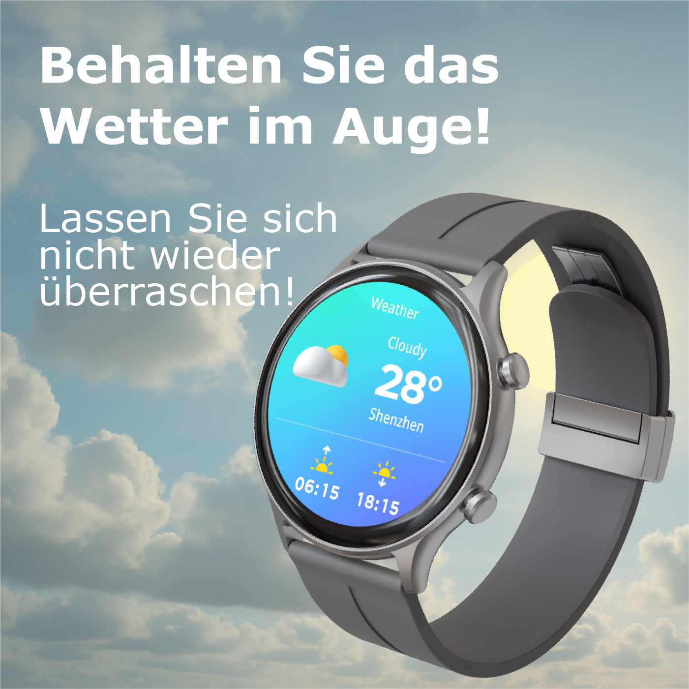 Eine Smartwatch zeigt das Wetter für Shenzhen. Es ist 28 Grad und bewölkt.