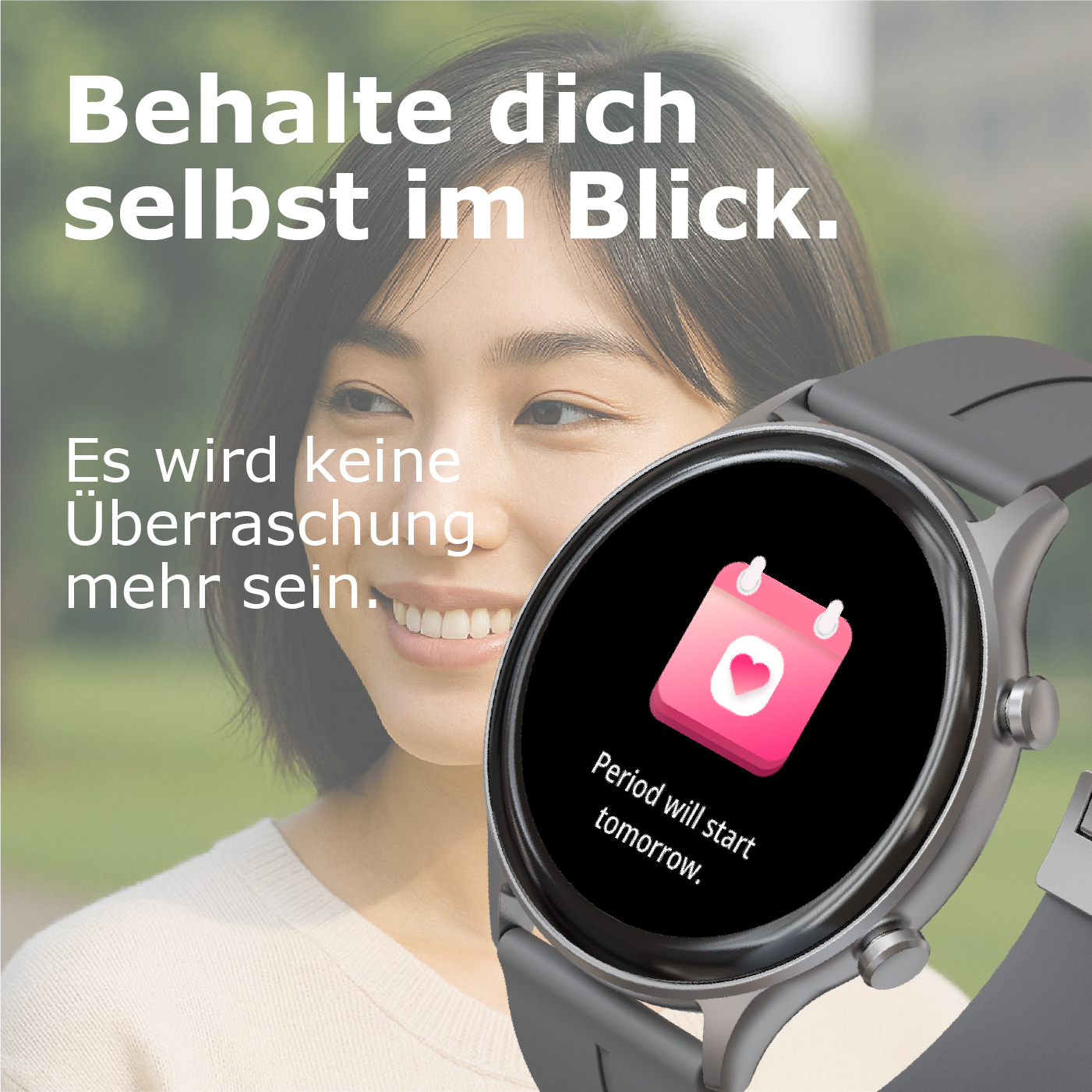 Eine Frau blickt nach rechts. Ihre Smartwatch zeigt eine Kalender-App mit Benachrichtigung.