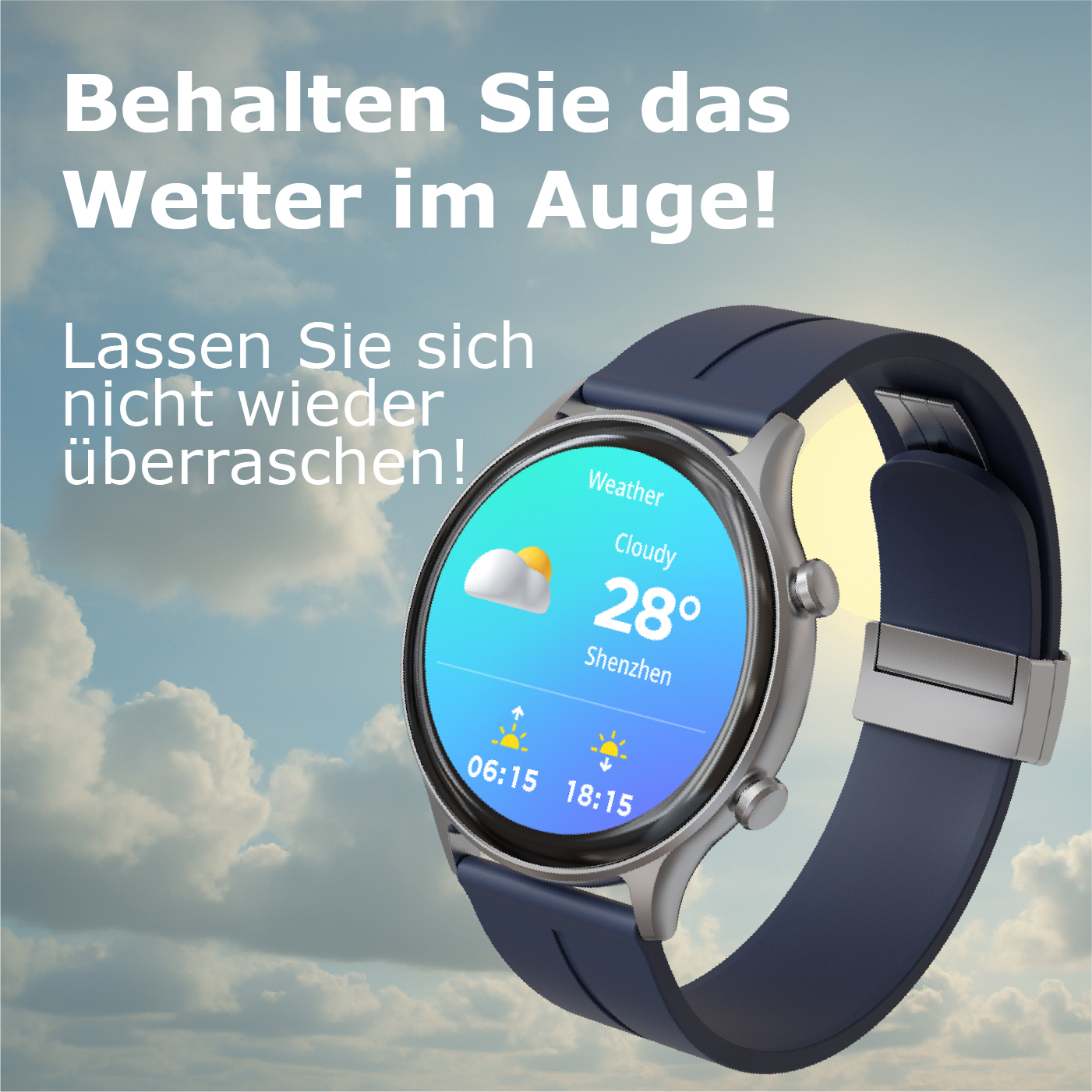 Eine Smartwatch mit Wetteranzeige vor blauem Himmel mit Wolken.
